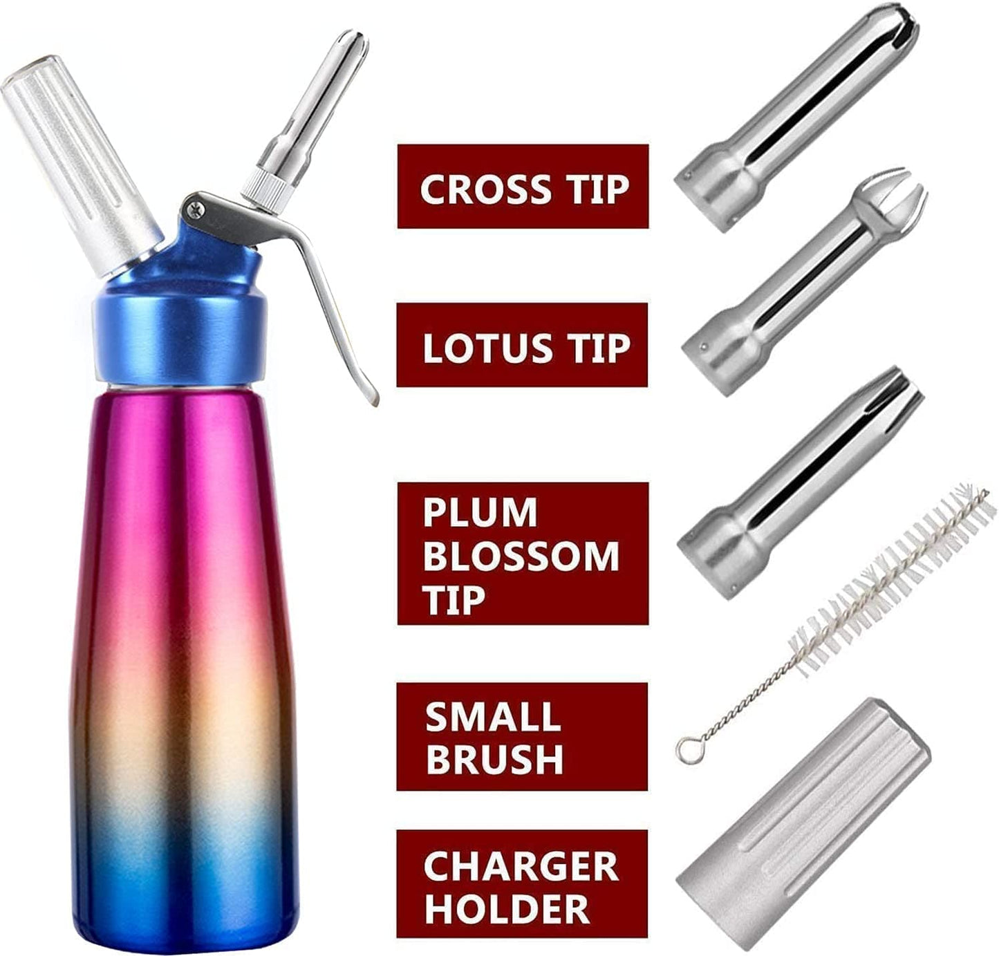Professional Whipped Cream Dispenser Stainless Steel Cream Whipper, Durable Whip Cream Canister Whipping Siphon with 3 Decorating Nozzles, 1-Pint Gourmet Cream Whipper Thsinde