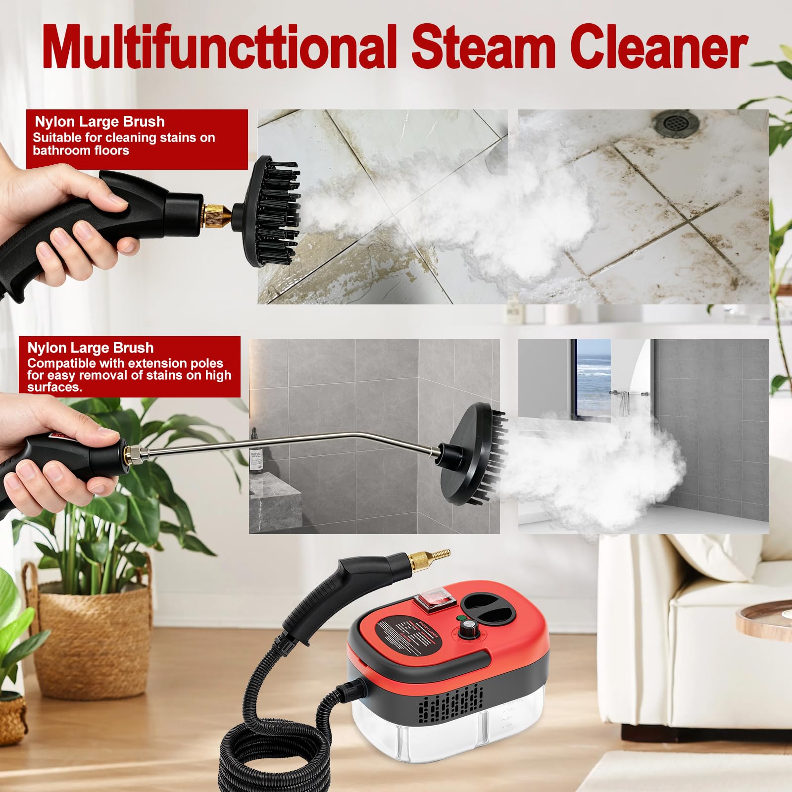 Steam Cleaner, Portable Pressurized Steamer for Cleaning with 14pcs Accessories, 6-Level Adjustable and 15s Heat-Up, Handheld Steam Cleaner for Home, Tile, Dirt, Grout, Grease, Car Detailing(Red) AULANK