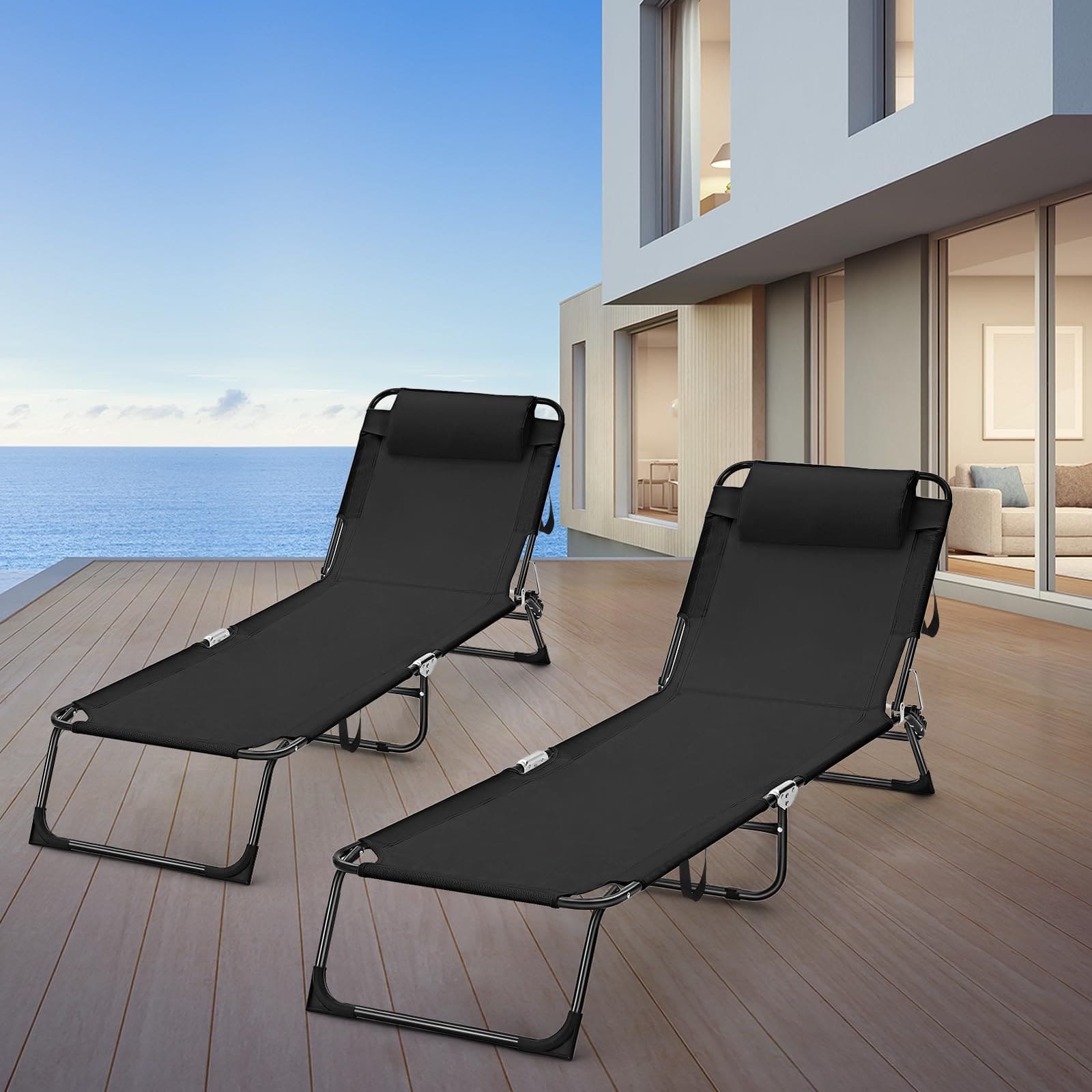 Suzile 2 Pack Folding Chaise Lounge Chairs Outdoor Sun Tanning Chair for Outside Foldable Beach Chair with Pillow 5 Position Reclining Back Breathable Mesh Pool Chair for Beach Yard Lawn Patio(Black) ebuys