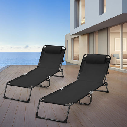 Suzile 2 Pack Folding Chaise Lounge Chairs Outdoor Sun Tanning Chair for Outside Foldable Beach Chair with Pillow 5 Position Reclining Back Breathable Mesh Pool Chair for Beach Yard Lawn Patio(Black)