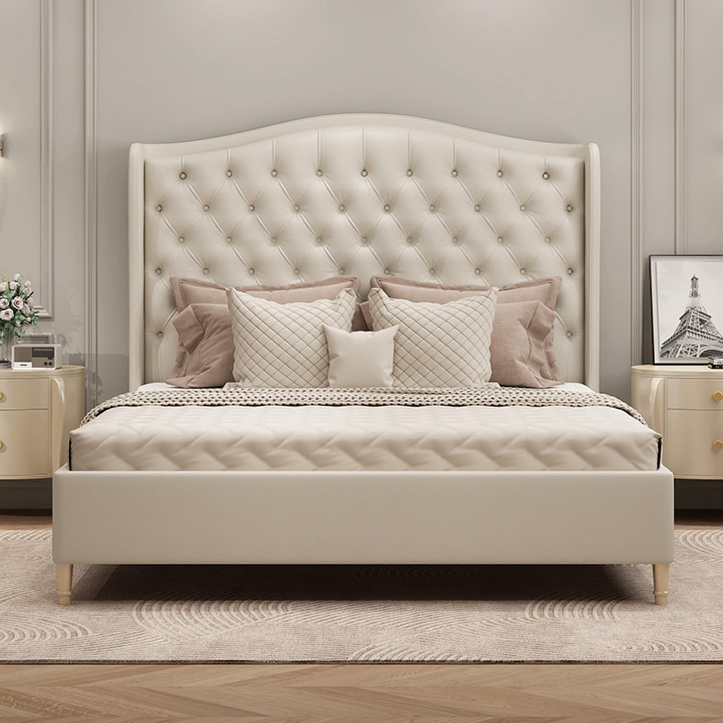 LSIGHTUS White King Size Genuine Leather Bed Upholstered Platform Bed Frame with Wingback Headboard and Lift Up Storage Strong Wooden Slat Support No Box Spring Needed LSIGHTUS