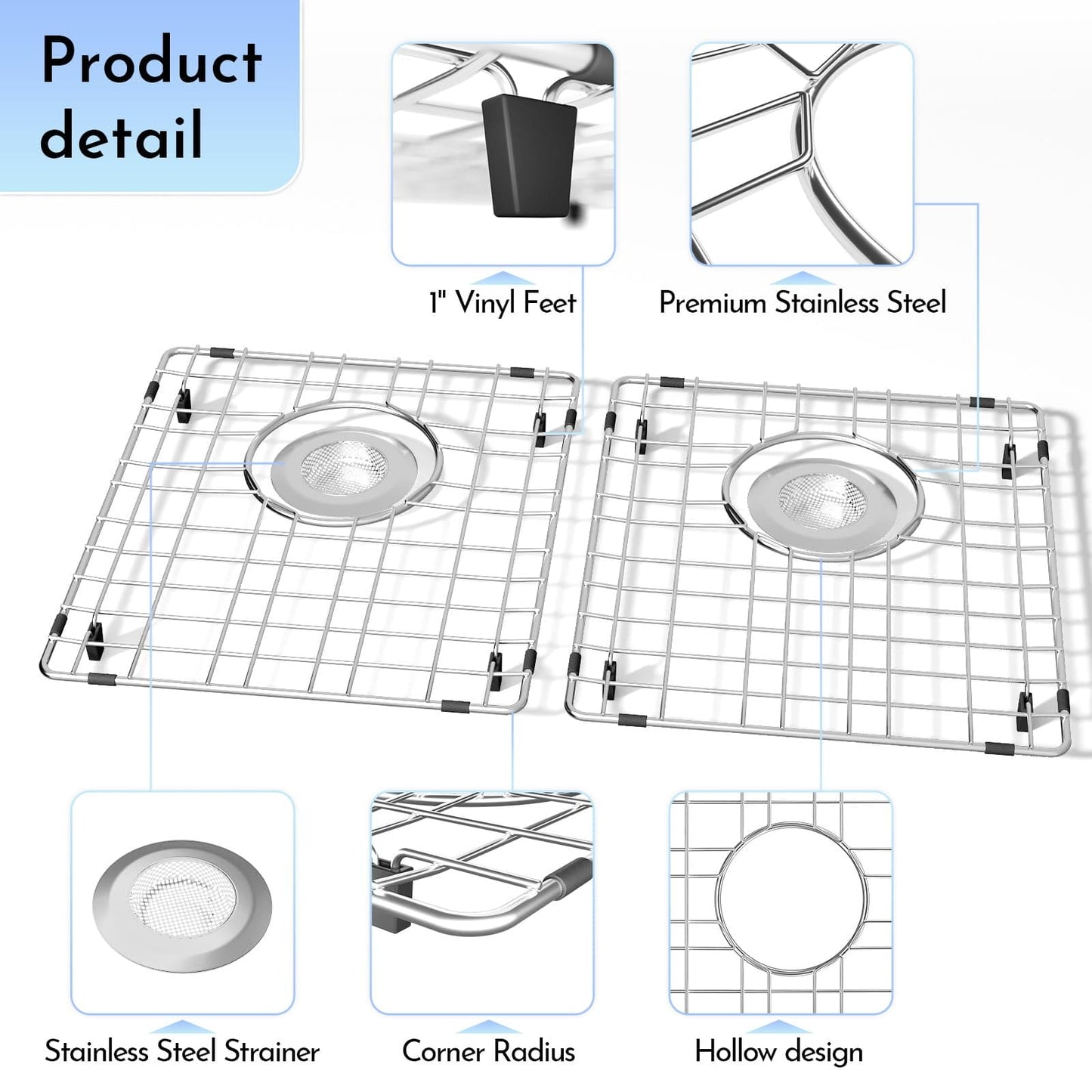 DPZM 2Pack 15" x 13" Stainless Steel Sink Protectors for Kitchen Sink, Sink Grate for Bottom of Kitchen Sink, Metal Sink Grates with Strainers, Rear Drain for Double Sink Protectors with Corner Radius DPZM