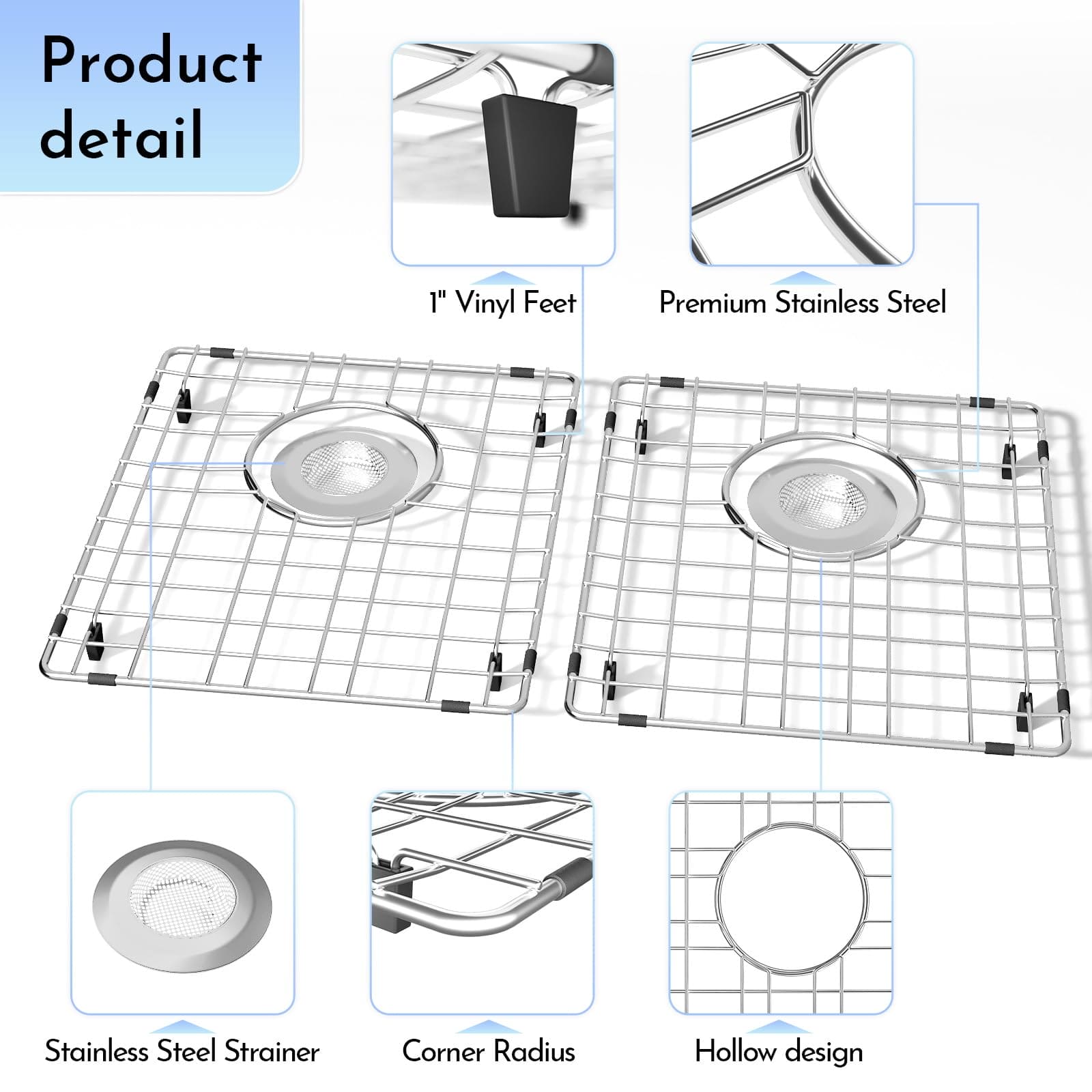 DPZM 2Pack 15" x 13" Stainless Steel Sink Protectors for Kitchen Sink, Sink Grate for Bottom of Kitchen Sink, Metal Sink Grates with Strainers, Rear Drain for Double Sink Protectors with Corner Radius DPZM