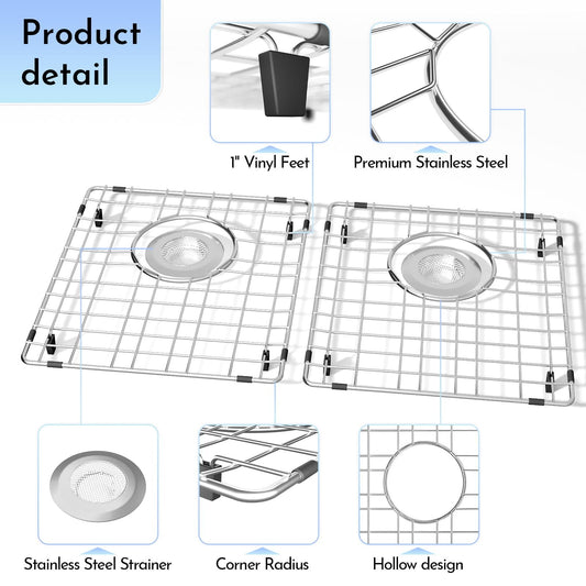 DPZM 2Pack 15" x 13" Stainless Steel Sink Protectors for Kitchen Sink, Sink Grate for Bottom of Kitchen Sink, Metal Sink Grates with Strainers, Rear Drain for Double Sink Protectors with Corner Radius DPZM