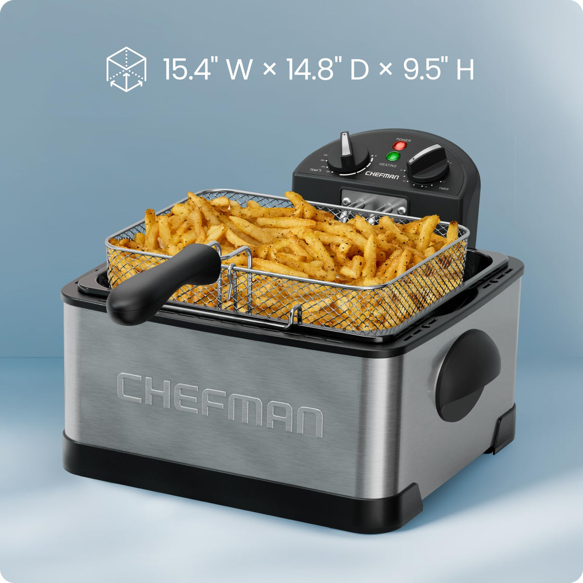 Chefman 4.5 Liter Deep Fryer w/Basket Strainer, XL Jumbo Size, Adjustable Temperature & Timer, Perfect for Fried Chicken, Shrimp, French Fries, Chips & More, Removable Oil-Container, Stainless Steel Chefman