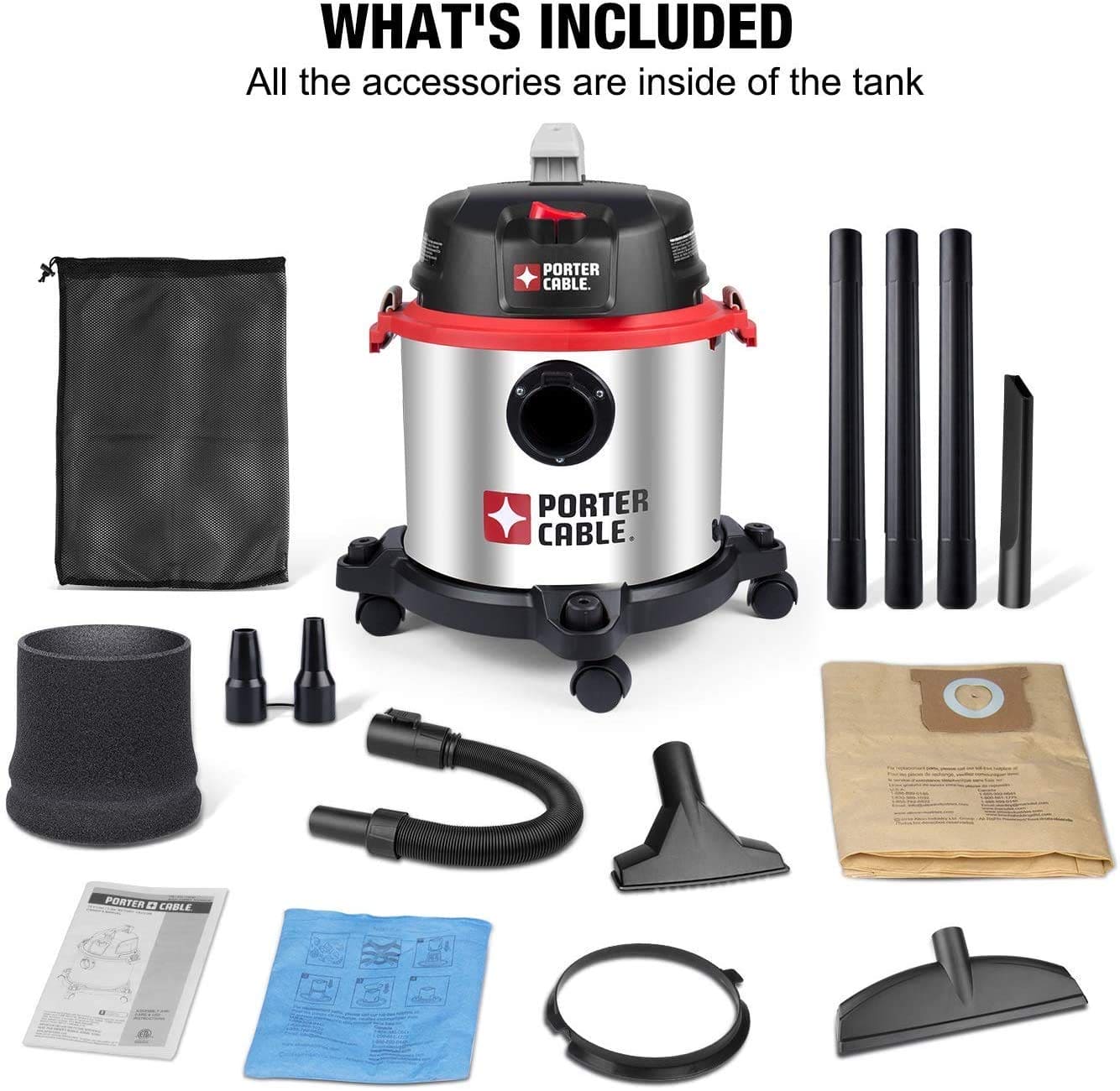 Porter-Cable Wet/Dry Vacuum 5 Gallon 4HP Stainless Steel Light Weight Portable, 3 in 1 Function with Attachments, Silver+Red, Model: PCX18406-5B PORTER-CABLE