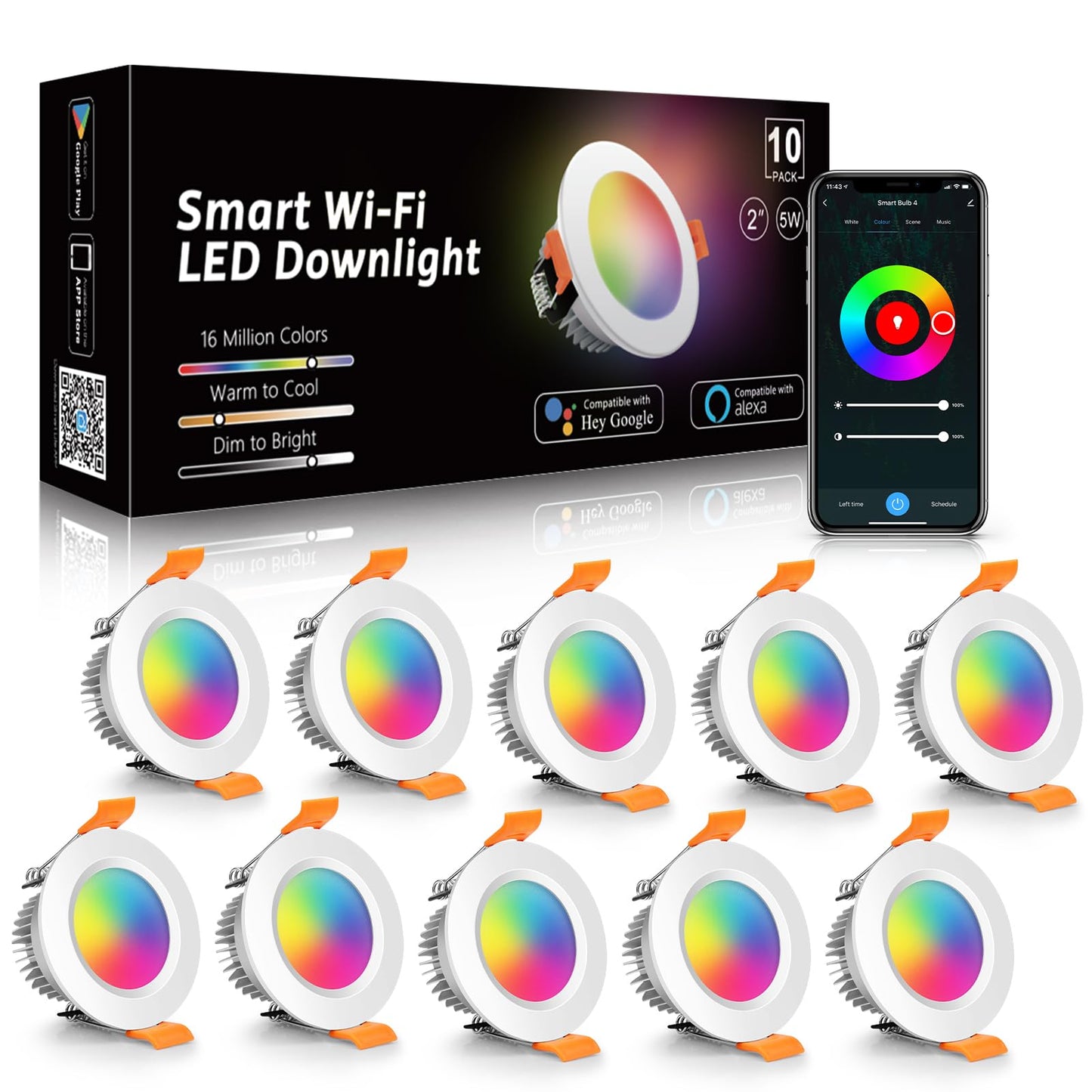 LightingWill 2 Inch LED Recessed Lighting, Smart WiFi LED Downlight, 5W Ceiling Light Compatible with Alexa/Google Assistant, Dimmable RGB & 2700K-6500K, 120V with Driver (10 Pack) LightingWill