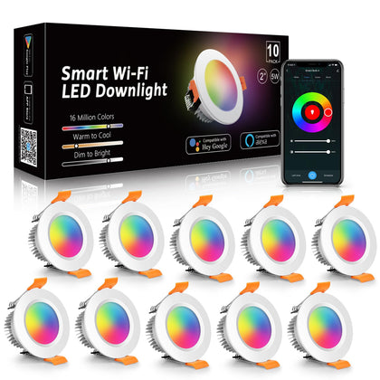 LightingWill 2 Inch LED Recessed Lighting, Smart WiFi LED Downlight, 5W Ceiling Light Compatible with Alexa/Google Assistant, Dimmable RGB & 2700K-6500K, 120V with Driver (10 Pack)