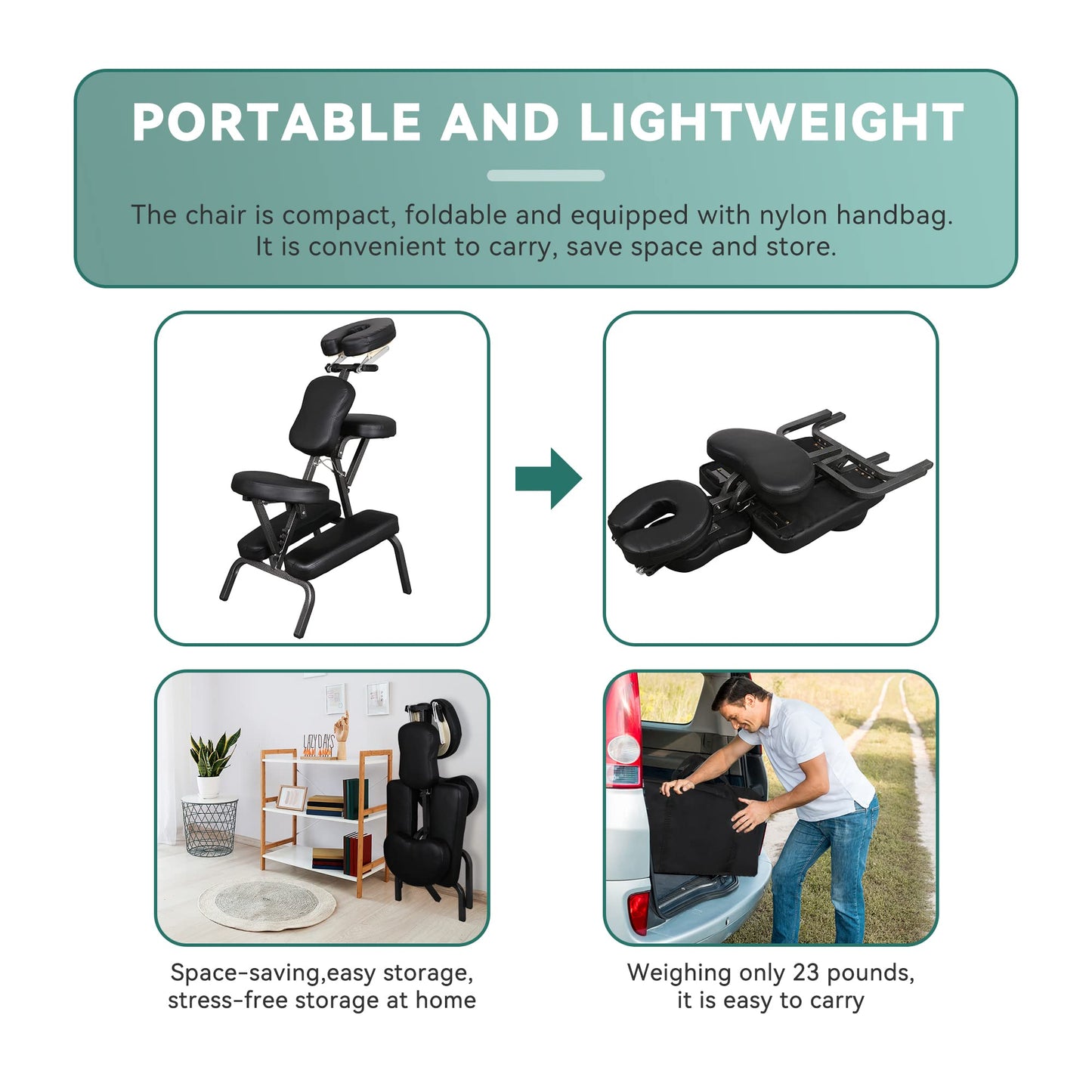 JupiterForce Portable Massage Chair Foldable Lightweight Tattoo Therapy Chair with Adjustable 4 Inches Thick Sponge Face Cradle for Client Spa Salon Massage with Carrying Bag (Black) JupiterForce