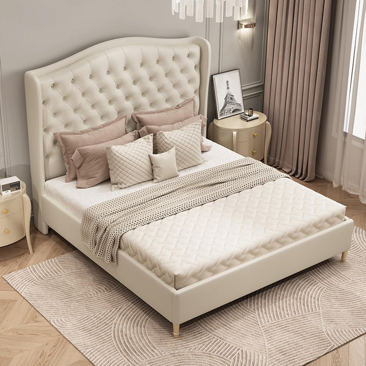 LSIGHTUS White King Size Genuine Leather Bed Upholstered Platform Bed Frame with Wingback Headboard and Lift Up Storage Strong Wooden Slat Support No Box Spring Needed LSIGHTUS