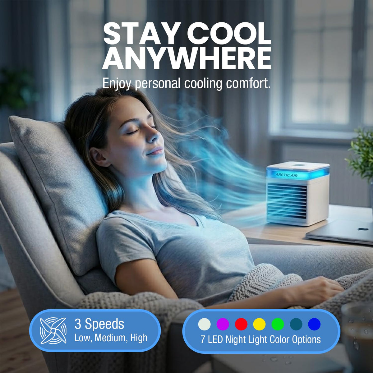 Arctic Air Pure Chill 2.0 Evaporative Air Cooler by Ontel - Powerful, Quiet, Lightweight and Portable Space Cooler with Hydro-Chill Technology For Bedroom, Office, Living Room & More,Blue Arctic Air