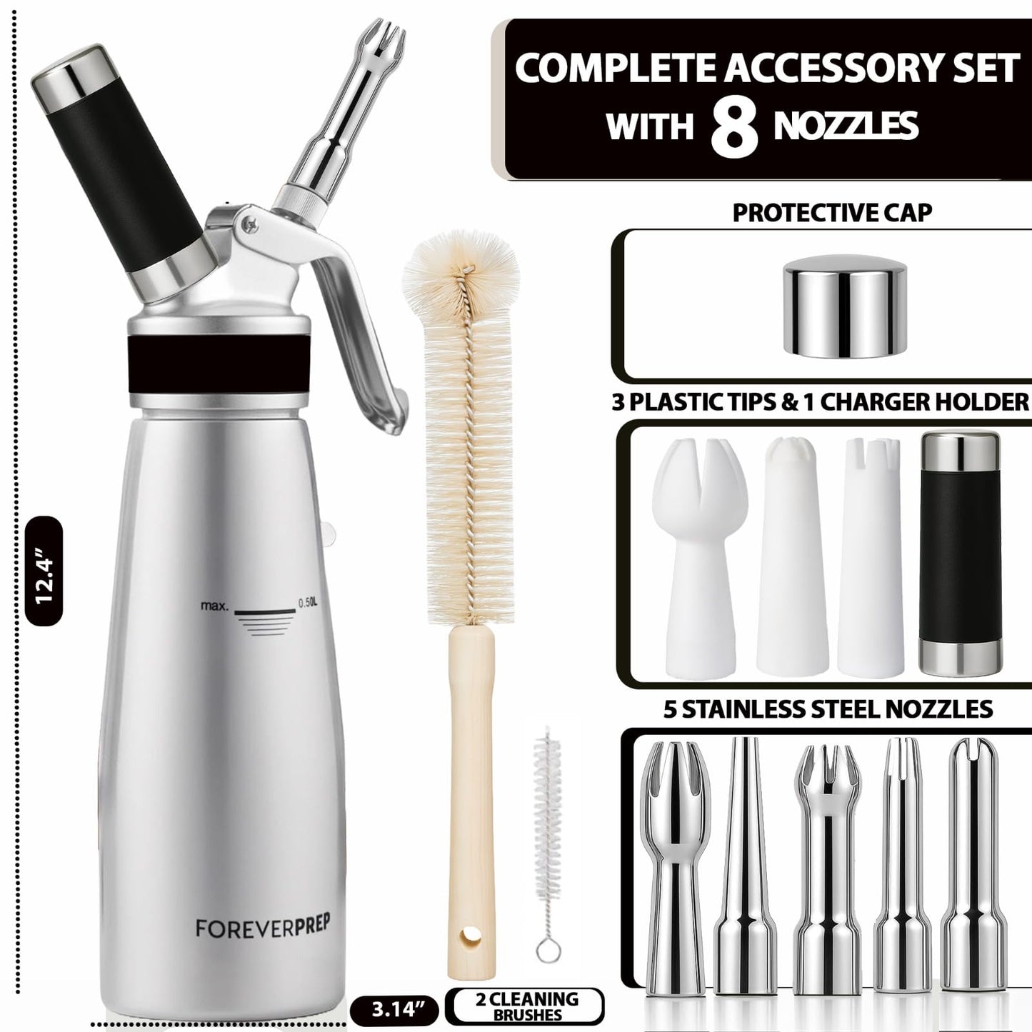 Professional 500 ml Aluminum Whipped Cream Dispenser With 8 Decorating Nozzles -Whipped Cream Canister With 2 Cleaning brushes-Heavy Duty Homemade Whipped Cream Maker 1 Pint (N20 Charger Not Included) FOREVERPREP