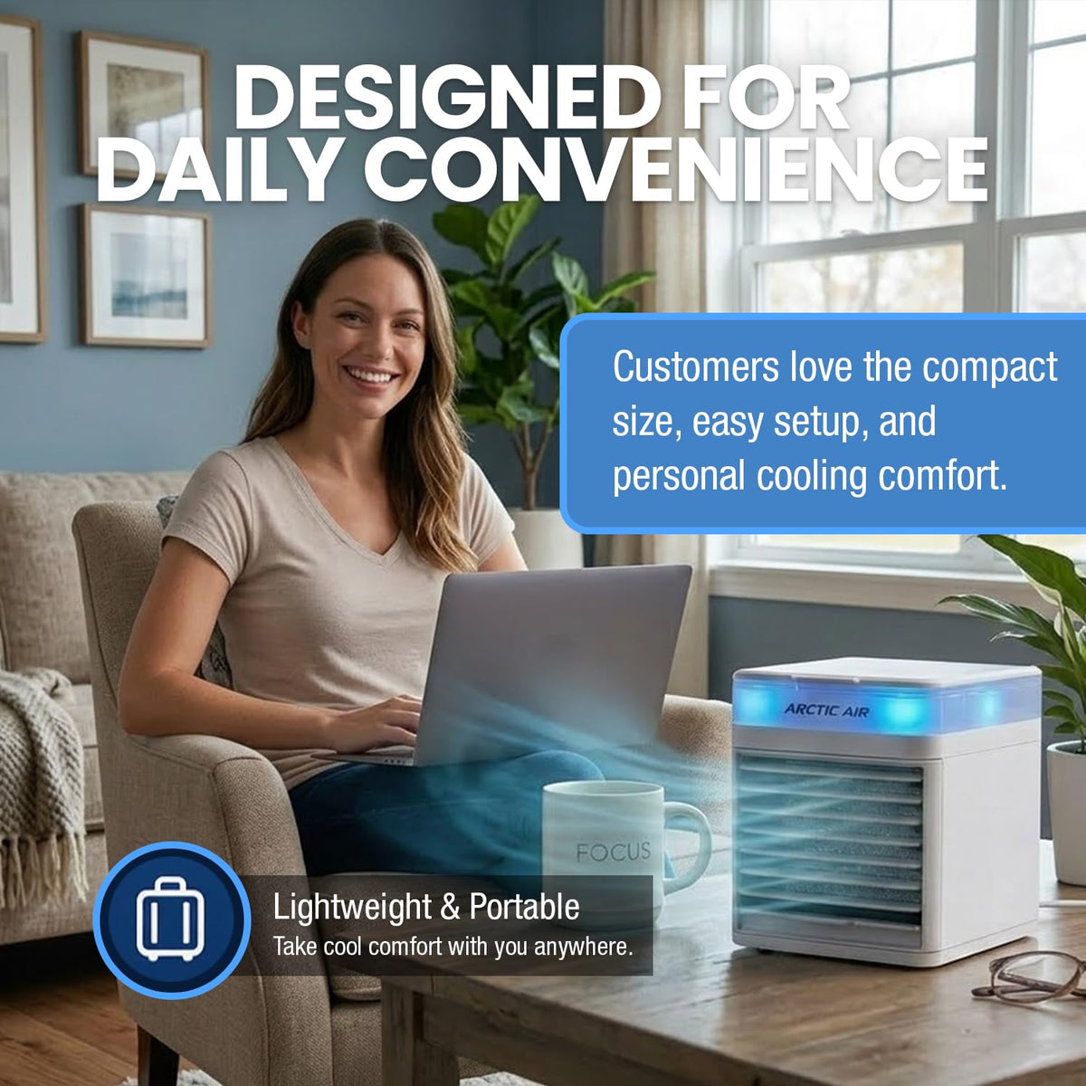 Arctic Air Pure Chill 2.0 Evaporative Air Cooler by Ontel - Powerful, Quiet, Lightweight and Portable Space Cooler with Hydro-Chill Technology For Bedroom, Office, Living Room & More,Blue Arctic Air