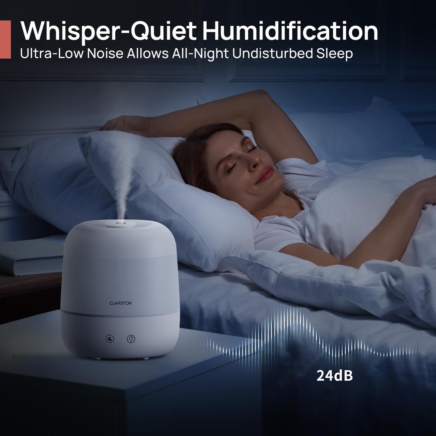 Clarston 2L Cool Mist Humidifier for Bedroom with 360° Adjustable Nozzle, High and Low Mist Levels, Ultra-Low Noise, Light-Off, No BPA, Auto Shut Off, Ideal Baby Humidifier with Easy Top Filling CLARSTON