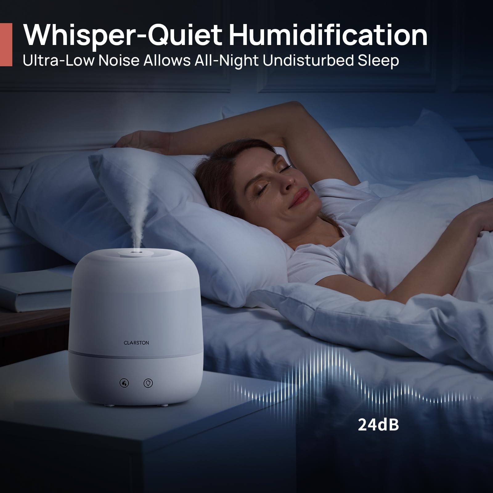 Clarston 2L Cool Mist Humidifier for Bedroom with 360° Adjustable Nozzle, High and Low Mist Levels, Ultra-Low Noise, Light-Off, No BPA, Auto Shut Off, Ideal Baby Humidifier with Easy Top Filling CLARSTON