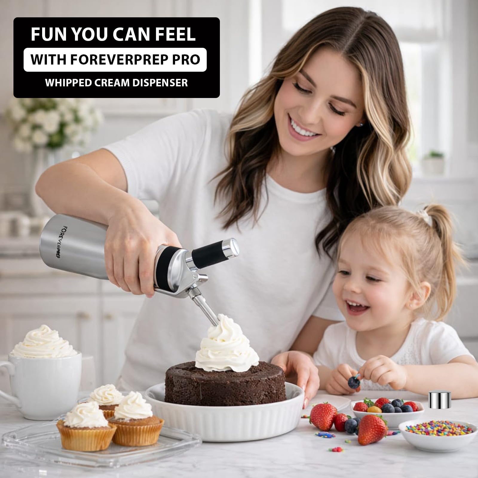 Professional 500 ml Aluminum Whipped Cream Dispenser With 8 Decorating Nozzles -Whipped Cream Canister With 2 Cleaning brushes-Heavy Duty Homemade Whipped Cream Maker 1 Pint (N20 Charger Not Included) FOREVERPREP