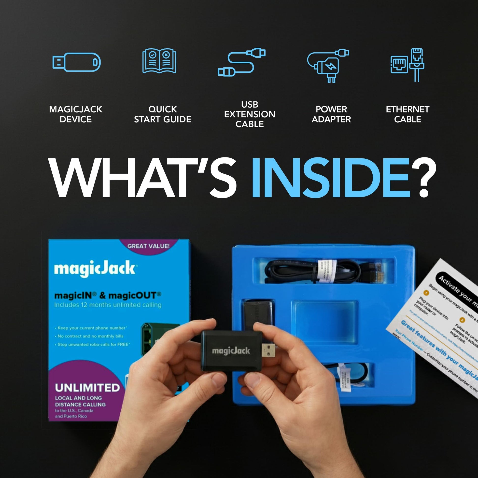 magicJack VOIP Phone Adapter - Unlimited Calls to US & Canada, No Monthly Bill, Portable Internet Phone with App, magicIN™ & magicOUT™ Service magicJack