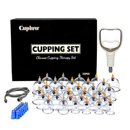 Cupluw Cupping Kit for Massage Therapy - 32 Cups Professional Chinese Cupping Set with Magnetics, Vacuum Cupping Therapy Set for Cellulite Reduction Muscle Pain Relief with Manual Pump