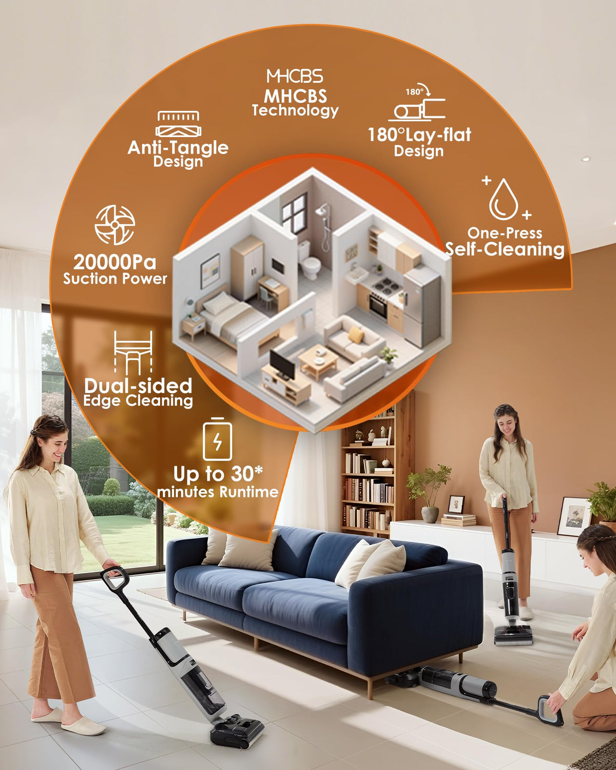 Tineco Floor ONE i5 Stretch Wet Dry Vacuum Cleaner, Vacuum & Mop in One Step, 20kpa Powerful Suction, 180° Lay-Flat Design, Anti-Tangle Design, Dual-Sided Edge Cleaning, Up to 30* Minutes Runtime Tineco