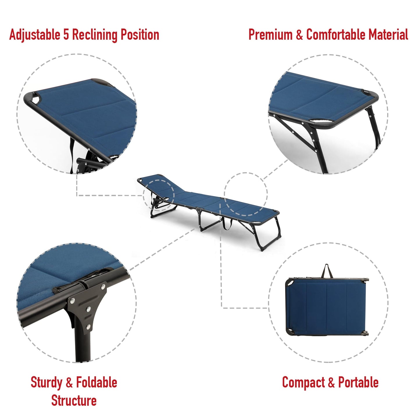 SUNNYFEEL Folding Lounge Chair Patio Chaise, Outdoor Portable Sun Lounger, Folding Camping Cot, with Adjustable Backrest and Removable Pillow for Outside Beach, Sunbathing, Pool, Lawn, Deck ebuys