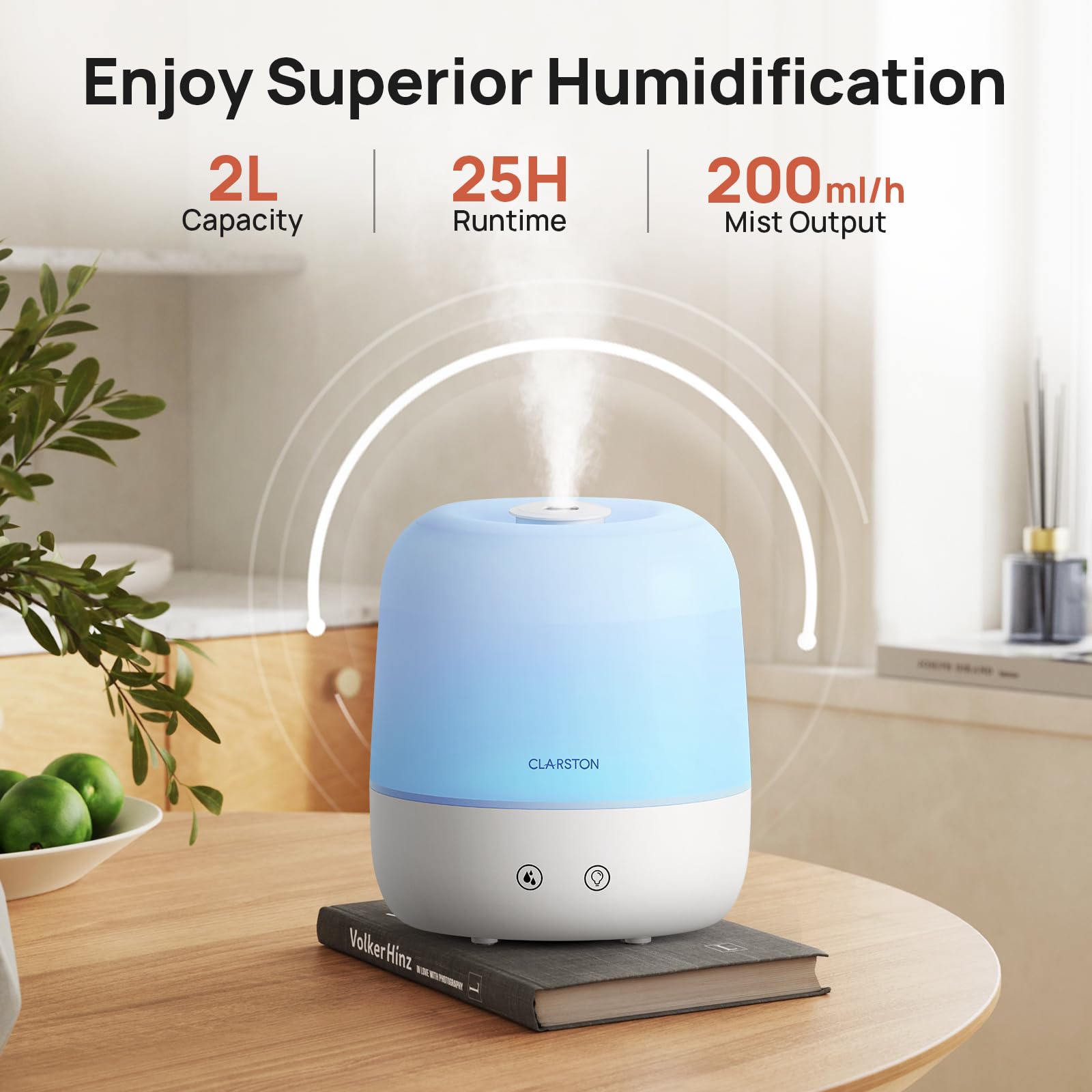 Clarston 2L Cool Mist Humidifier for Bedroom with 360° Adjustable Nozzle, High and Low Mist Levels, Ultra-Low Noise, Light-Off, No BPA, Auto Shut Off, Ideal Baby Humidifier with Easy Top Filling CLARSTON