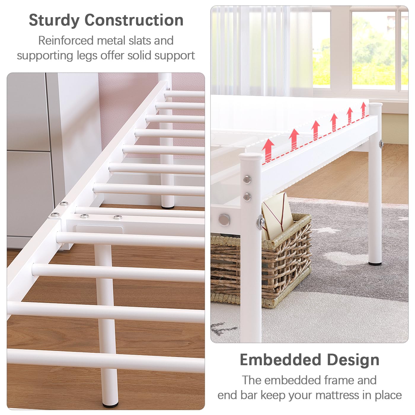 Weehom Twin Bed Frames with Headboard, Heavy Duty Metal Platform Under Bed Storage Space Easy Assembly for Kids Girls Adults White