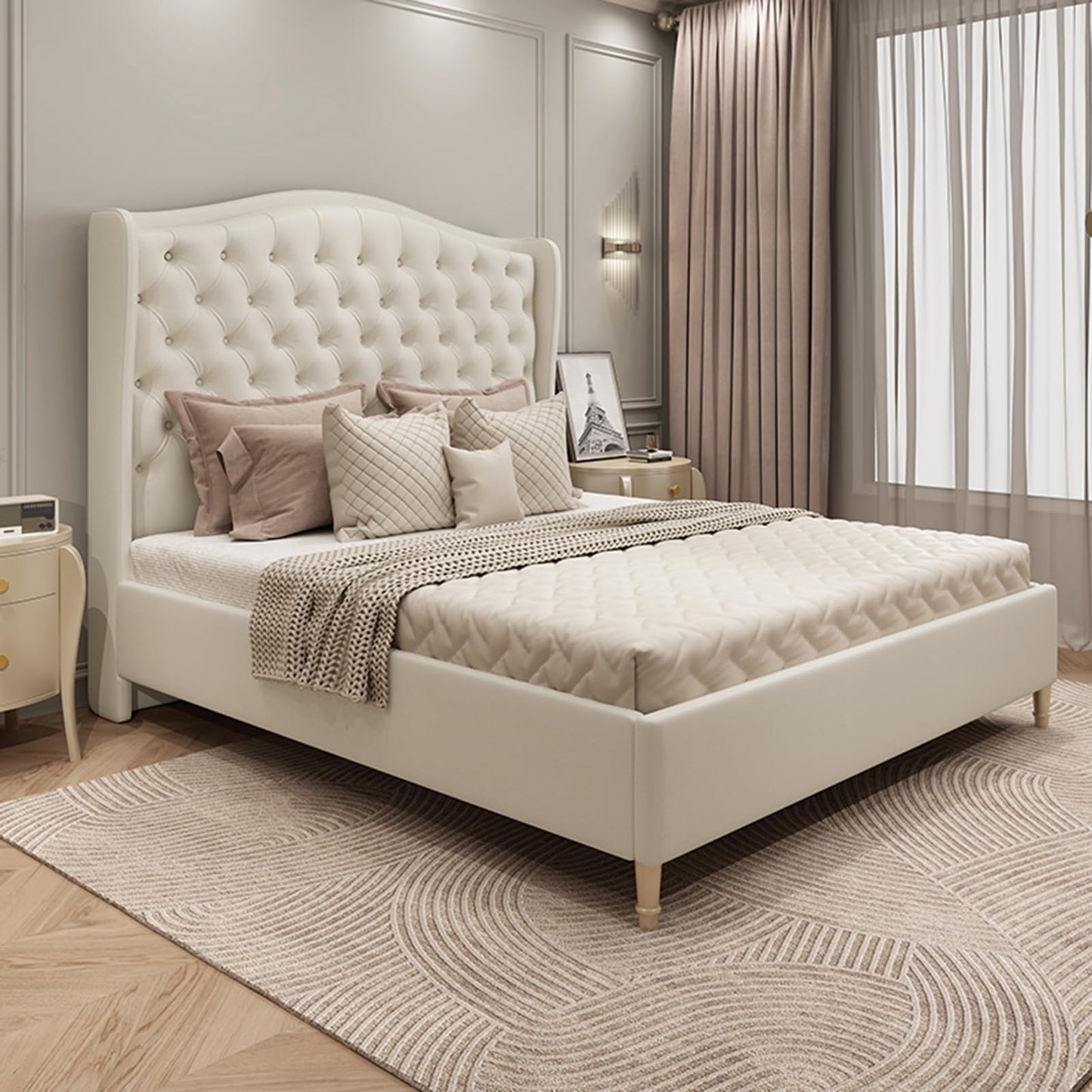 LSIGHTUS White King Size Genuine Leather Bed Upholstered Platform Bed Frame with Wingback Headboard and Lift Up Storage Strong Wooden Slat Support No Box Spring Needed LSIGHTUS