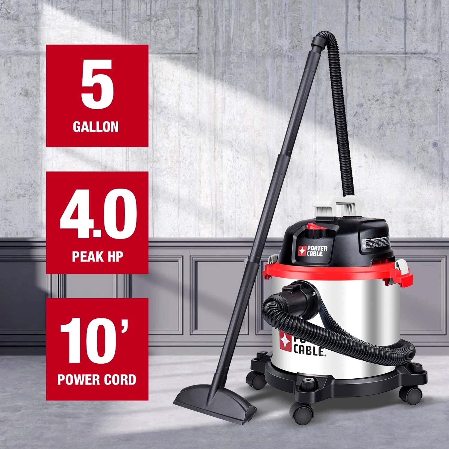 Porter-Cable Wet/Dry Vacuum 5 Gallon 4HP Stainless Steel Light Weight Portable, 3 in 1 Function with Attachments, Silver+Red, Model: PCX18406-5B PORTER-CABLE