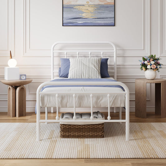 Avenco Twin Size Metal Bed Frame with Headboard, Victorian Style Platform Bed Frame with 12" Underbed Storage and Noise-Reduced Metal Slats, White
