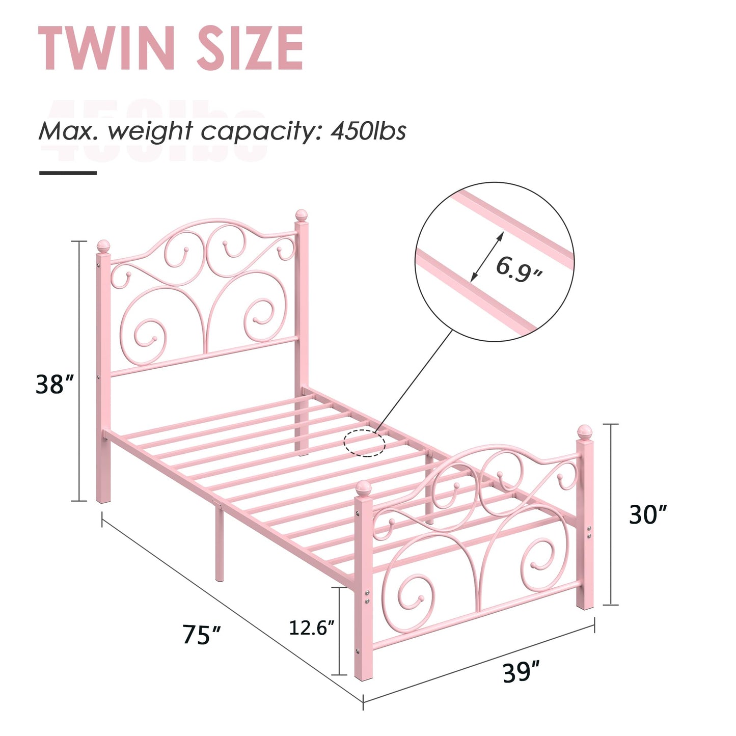 VECELO Twin Size Bed Frame with Headboard and Footboard, Heavy Duty Metal Slat Support, Platform Mattress Foundation, No Box Spring Needed, Easy Assembly, Pink VECELO