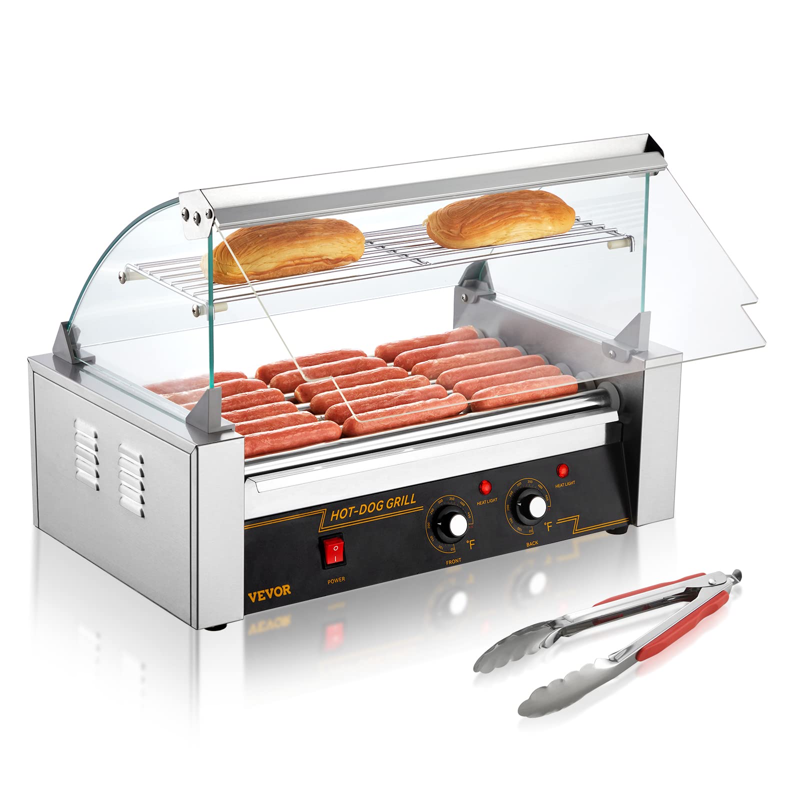 VEVOR Hot Dog Roller 7 Rollers 18 Hot Dogs Capacity 1050W Stainless Sausage Grill Cooker Machine with Dual Temp Control Glass Hood Acrylic Cover Bun Warmer Shelf Removable Oil Drip Tray, ETL Certified VEVOR