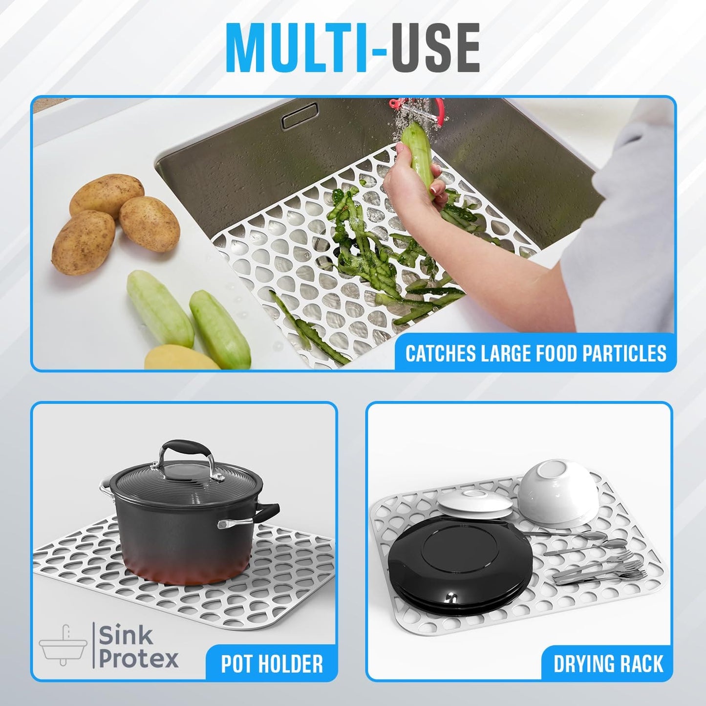2 Pack Sink Protectors for Kitchen Sink, 13.4"x11.4" Non-Slip Silicone Sink Mats Protect Your Stainless Steel Bottom of Kitchen Sink or Drying Rack, Eco-Friendly & Stain-Free Kitchen Sink Mat - White Sink Protex