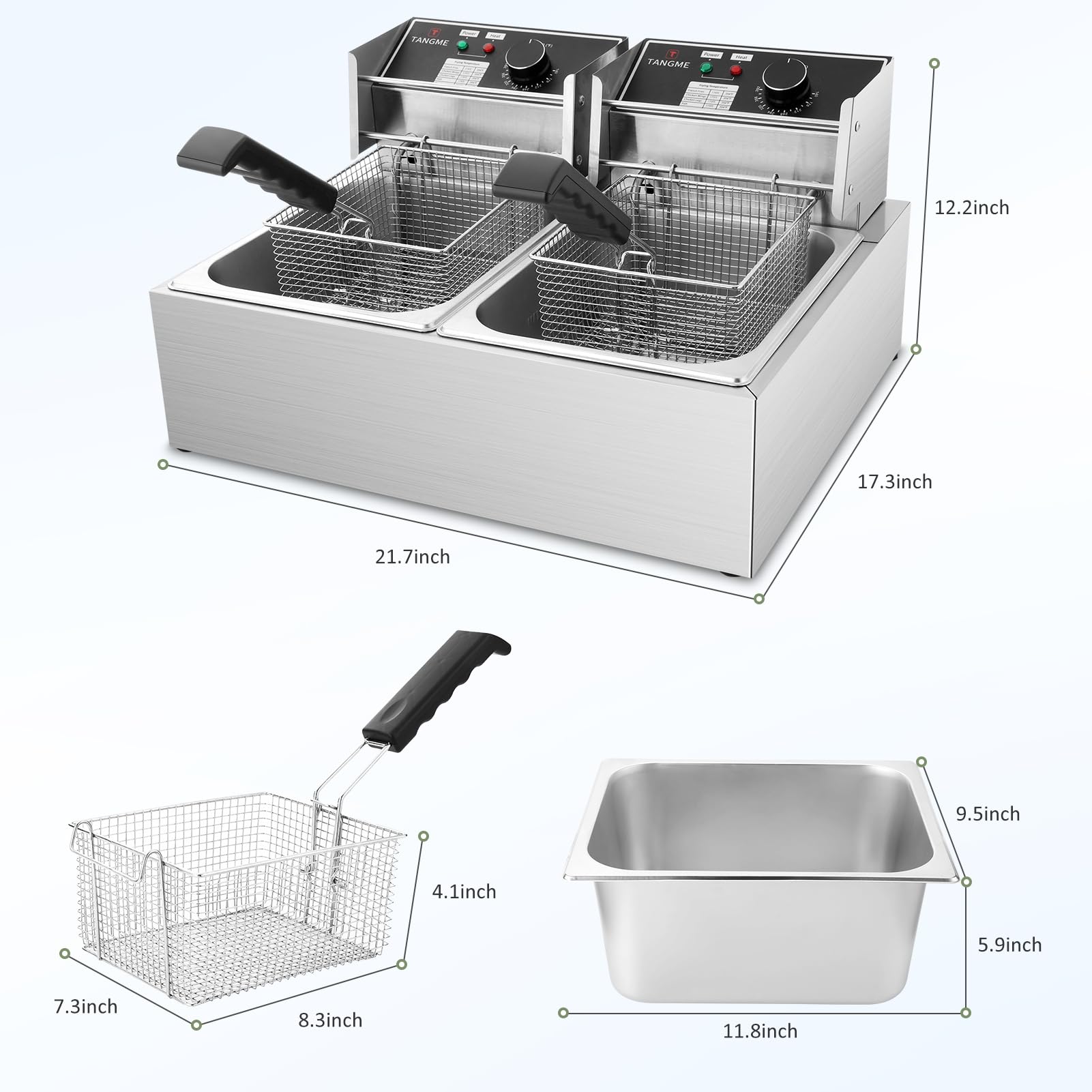 Commercial Deep Fryer, 3400W Electric Deep Fryers with 2x6.35QT Baskets Thickened Stainless Steel Countertop Oil Fryer 20.7QT Large Capacity with Lids Temperature Controller (12L) TANGME