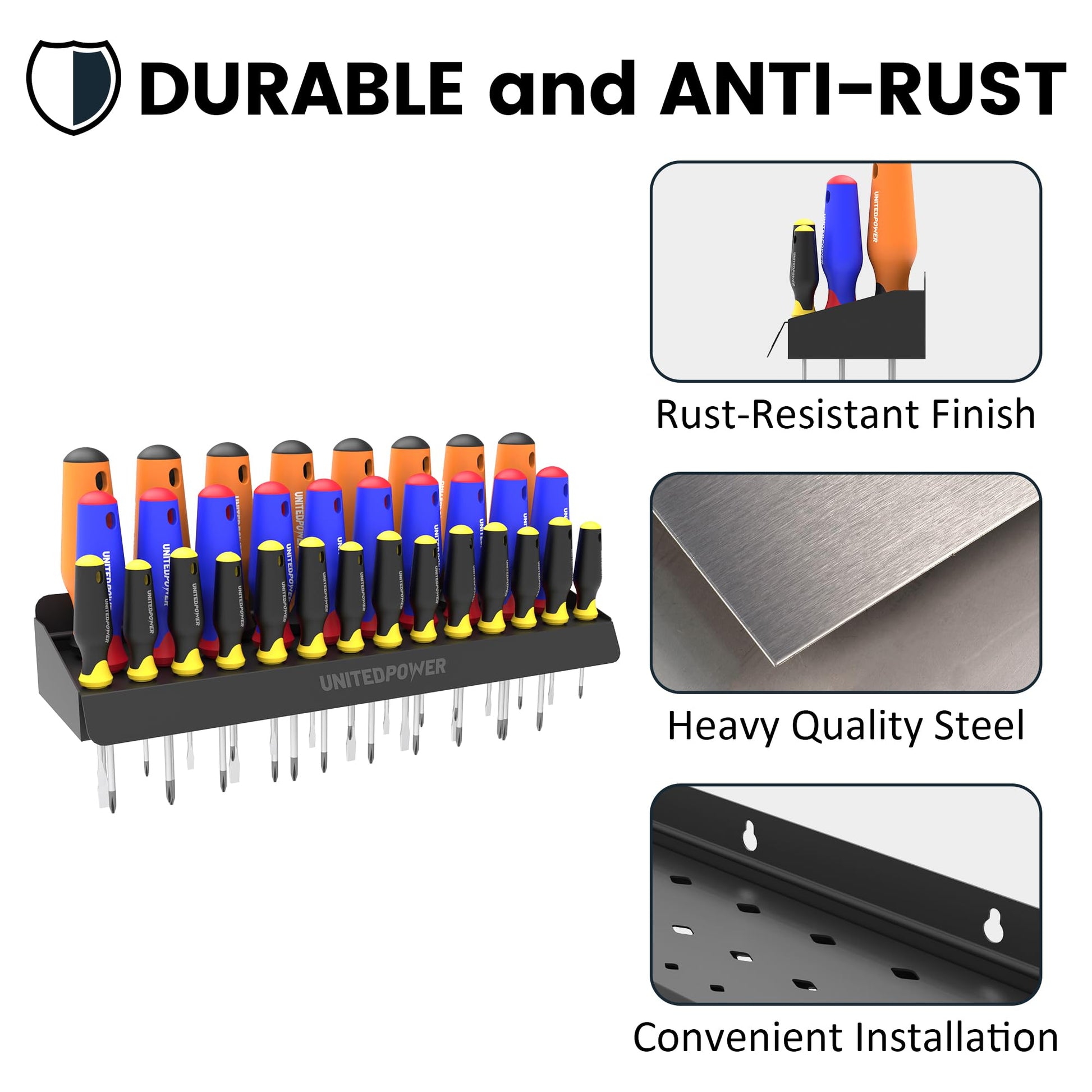 UNITEDPOWER Screwdriver Holder, Wall Mount Storage Rack Organizer for Workshop, Shed, Garage, Home, Stores up to 32 Screwdrivers or Small Tools UNITEDPOWER