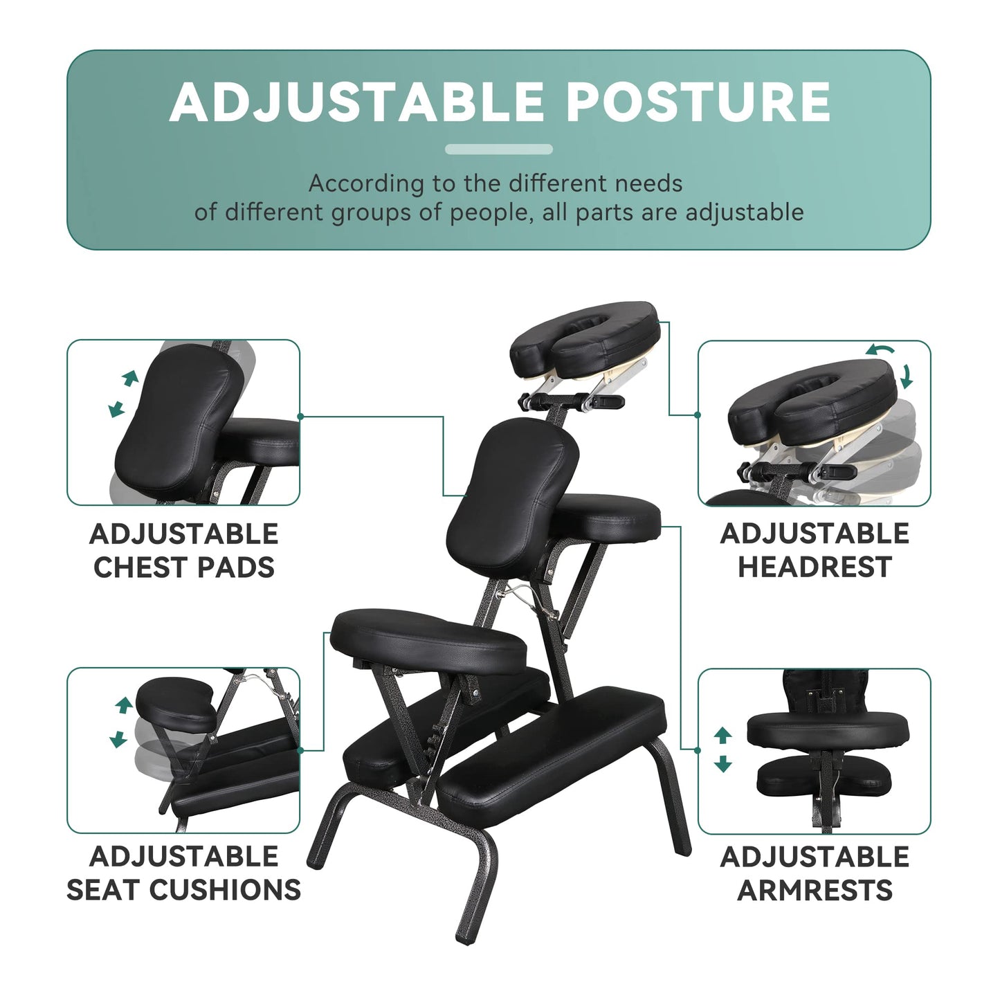 JupiterForce Portable Massage Chair Foldable Lightweight Tattoo Therapy Chair with Adjustable 4 Inches Thick Sponge Face Cradle for Client Spa Salon Massage with Carrying Bag (Black) JupiterForce