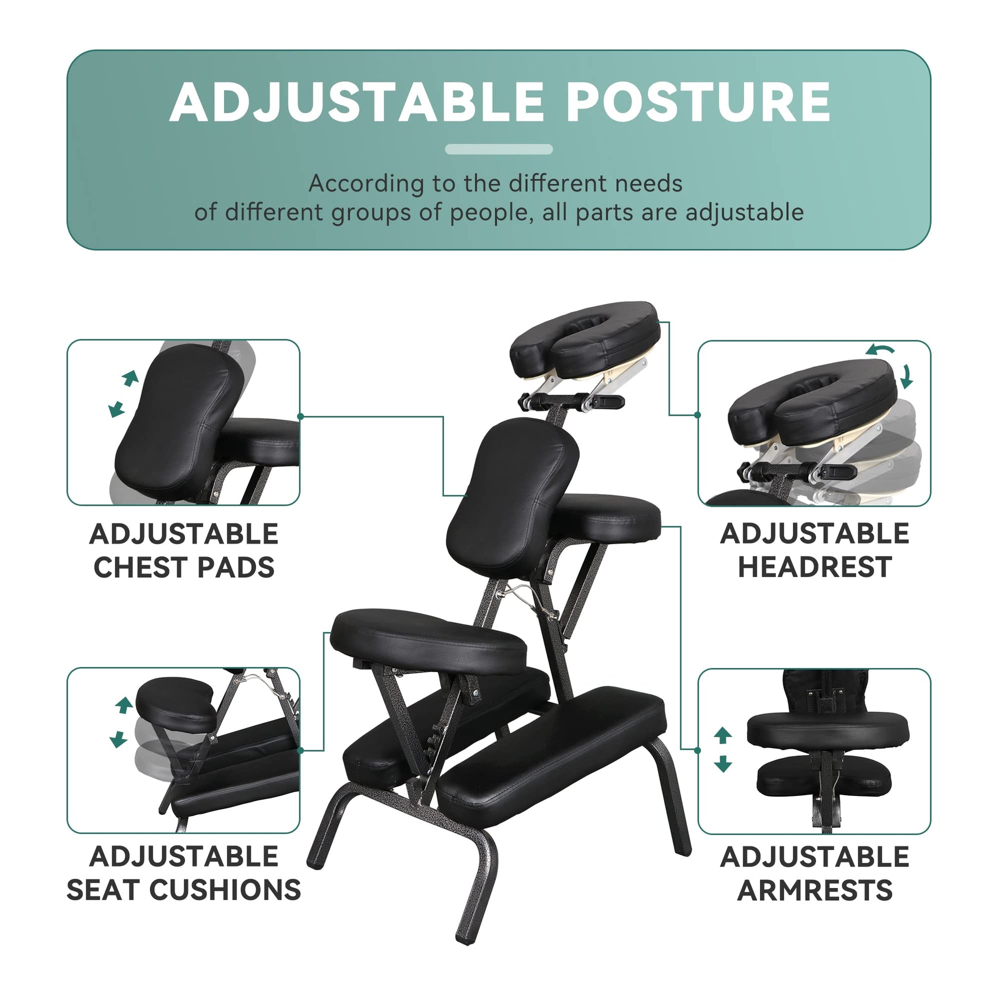 JupiterForce Portable Massage Chair Foldable Lightweight Tattoo Therapy Chair with Adjustable 4 Inches Thick Sponge Face Cradle for Client Spa Salon Massage with Carrying Bag (Black) JupiterForce