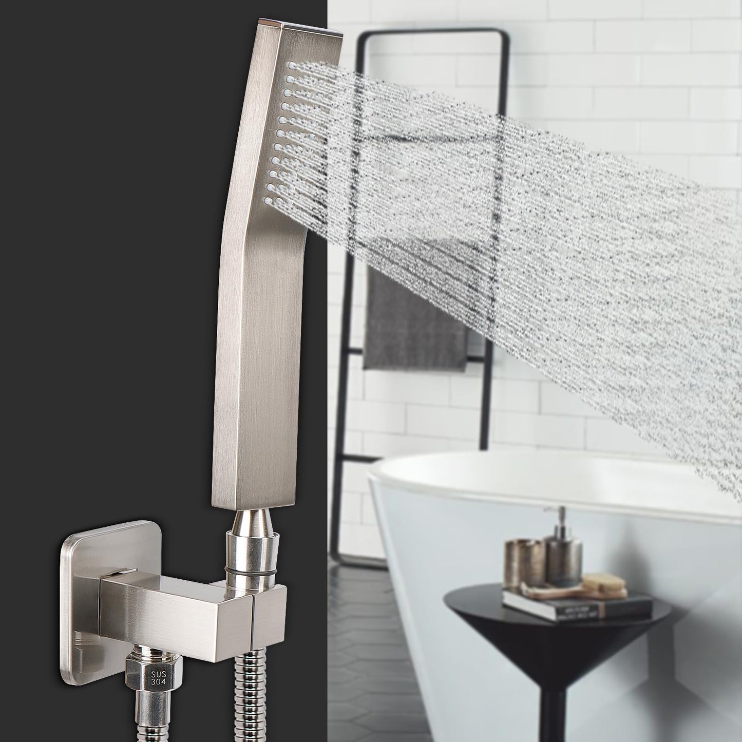 NearMoon Hand Held Shower Head, Luxury High Pressure Shower Kit with Wall Connector and Hose Set, for Bathroom Showering System Contemporary Square Style (Brushed Nickel) NearMoon