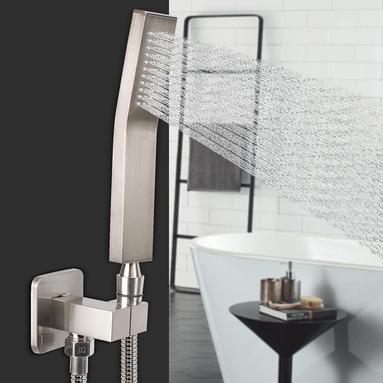 NearMoon Hand Held Shower Head, Luxury High Pressure Shower Kit with Wall Connector and Hose Set, for Bathroom Showering System Contemporary Square Style (Brushed Nickel) NearMoon