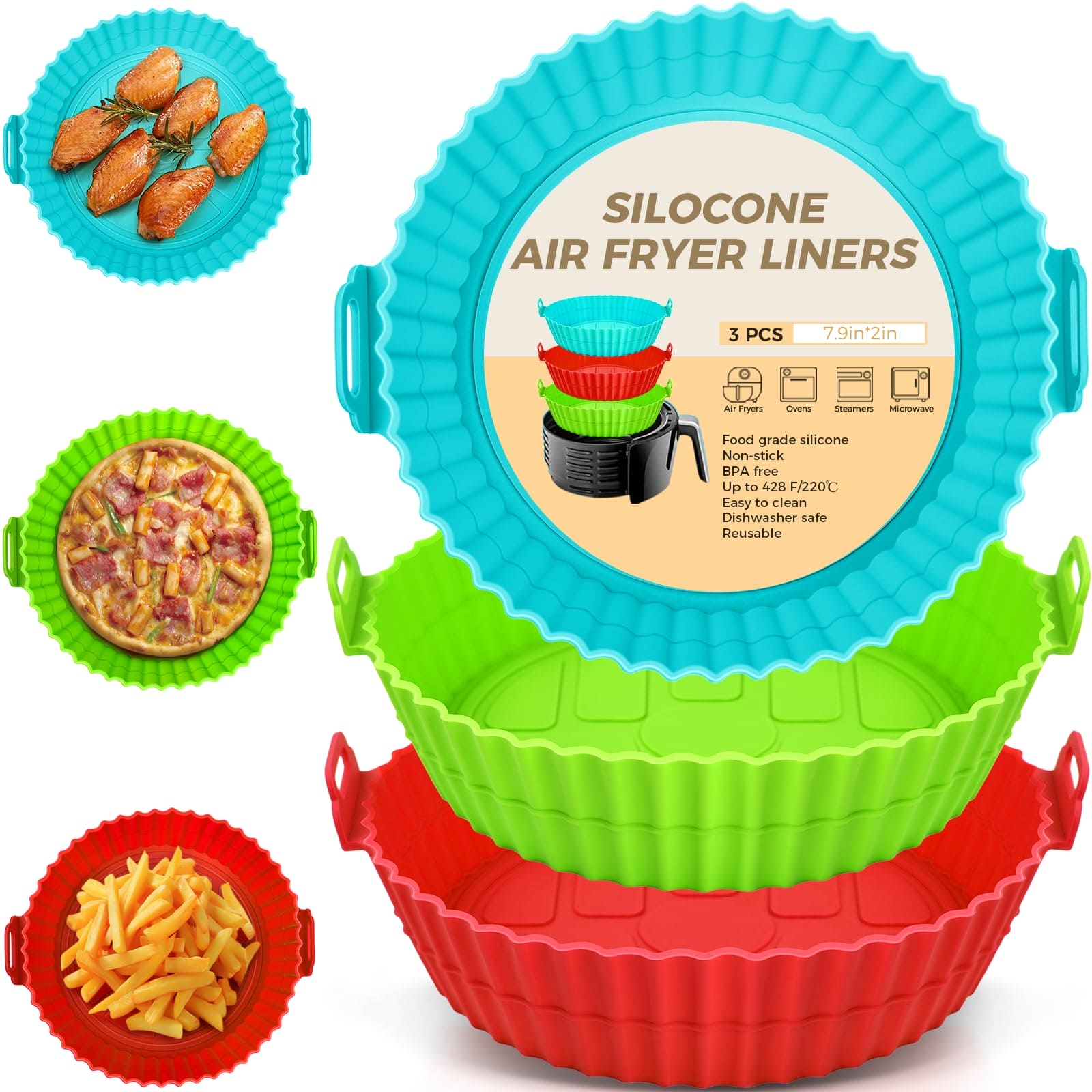 Buauty 3 Pack Air Fryer Silicone Liners 8inch Air Fryer Silicone Pot Reusable Food Grade Silicone Airfryer Liners Baking Tray Basket Accessories Replacement of Flammable Disposable Parchment Paper ebuys
