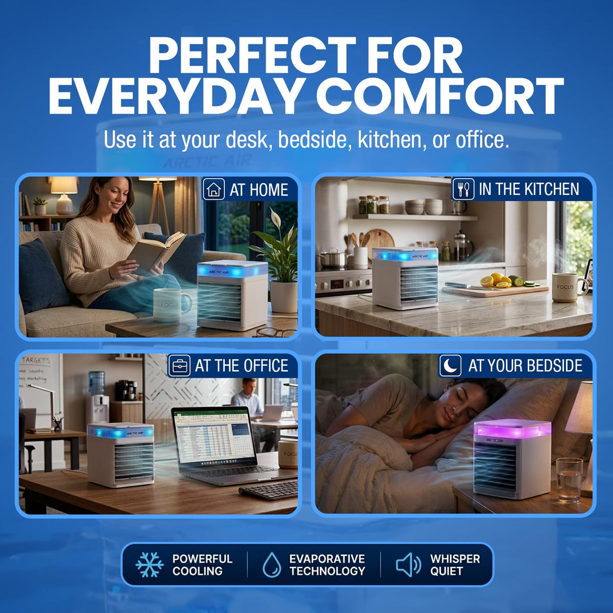 Arctic Air Pure Chill 2.0 Evaporative Air Cooler by Ontel - Powerful, Quiet, Lightweight and Portable Space Cooler with Hydro-Chill Technology For Bedroom, Office, Living Room & More,Blue Arctic Air