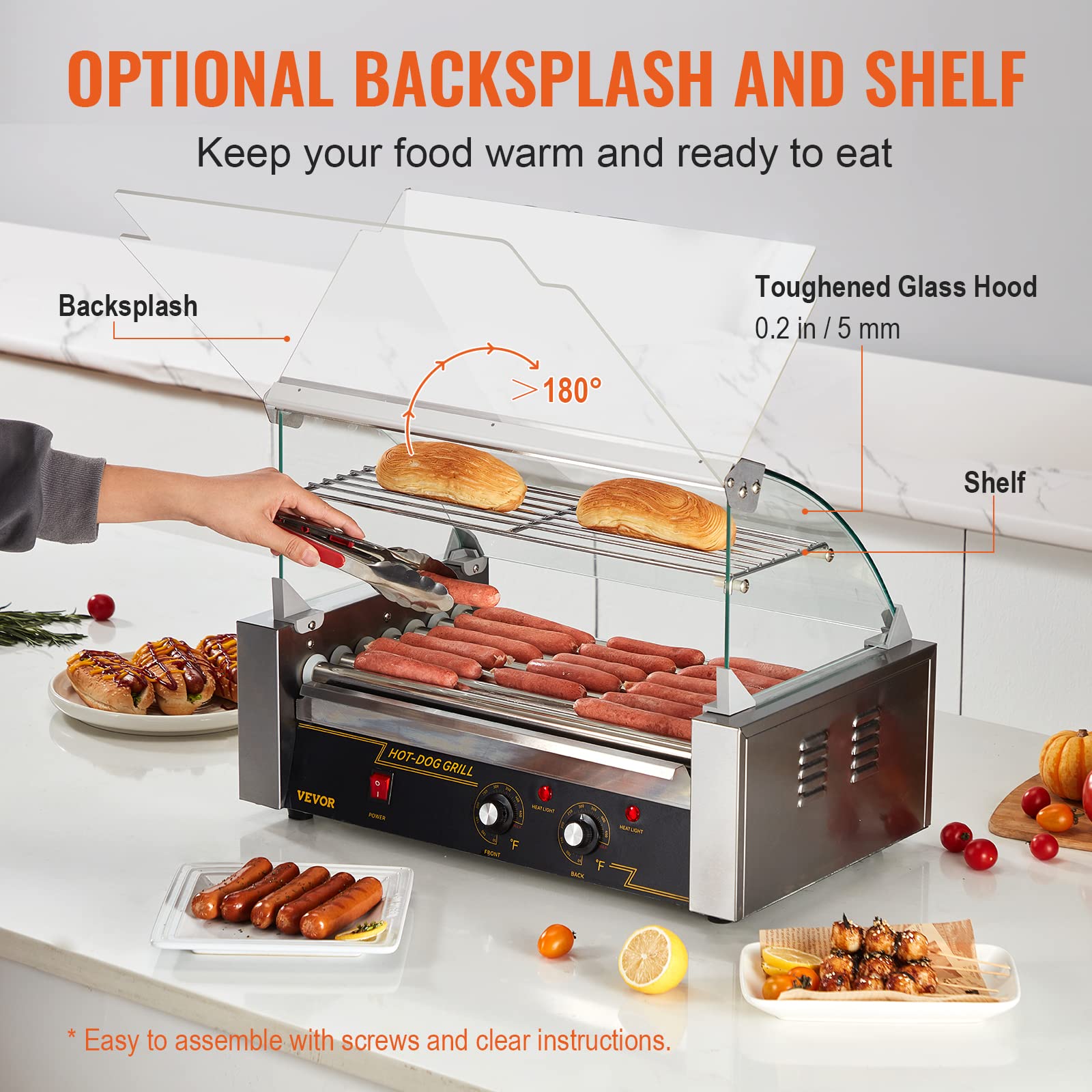 VEVOR Hot Dog Roller 7 Rollers 18 Hot Dogs Capacity 1050W Stainless Sausage Grill Cooker Machine with Dual Temp Control Glass Hood Acrylic Cover Bun Warmer Shelf Removable Oil Drip Tray, ETL Certified VEVOR