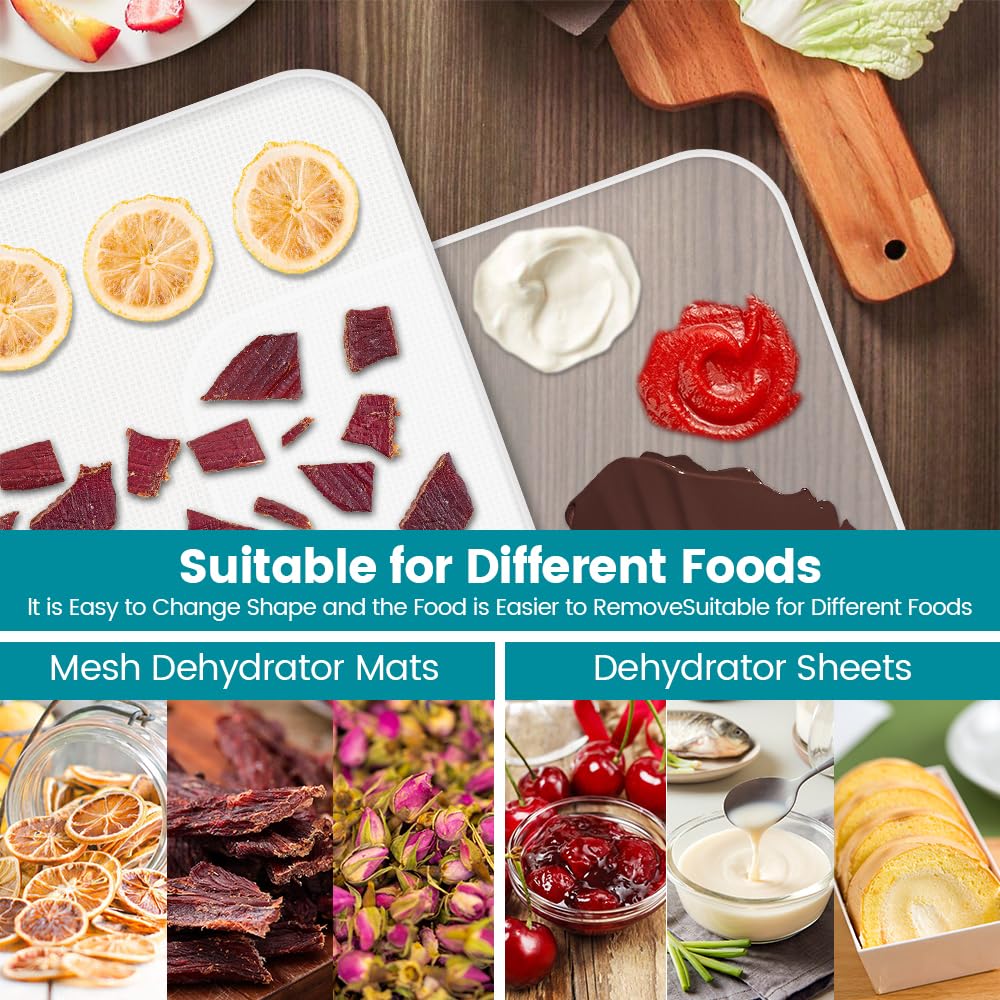 8 Pcs Silicone Food Dehydrator-Trays with Edge, 8 Pcs Mesh Dryer Mats,Reusable Non Stick Silicone Dehydrator Sheets (11x 11in) for Liquids,Fruit Leather,Herbs,Meat and Yogurt Cercker