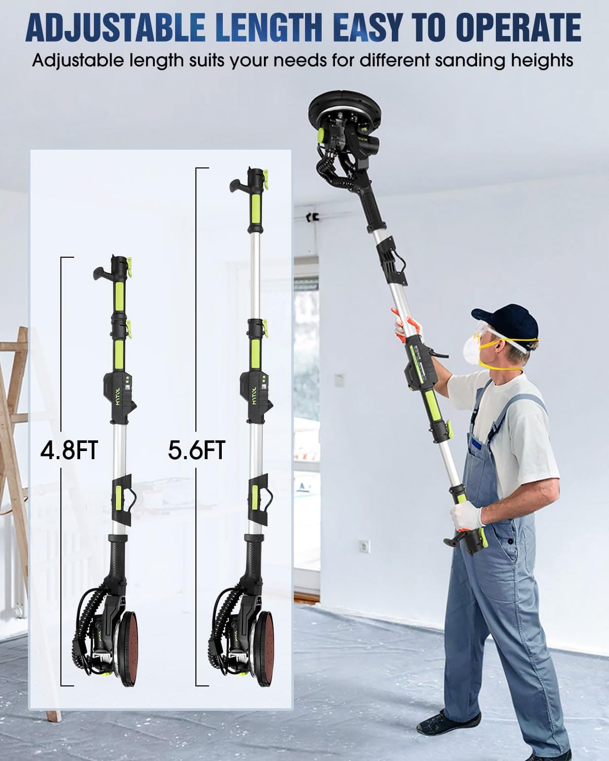MYTOL Drywall Sander, 7.2A Electric Drywall Sander with Vacuum Dust Collection, 6 Variable Speed 900-1800RPM, LED Light, Foldable & Extendable Handle, 9 Pcs Sanding discs&3 Pcs Grid Sandpaper MYTOL