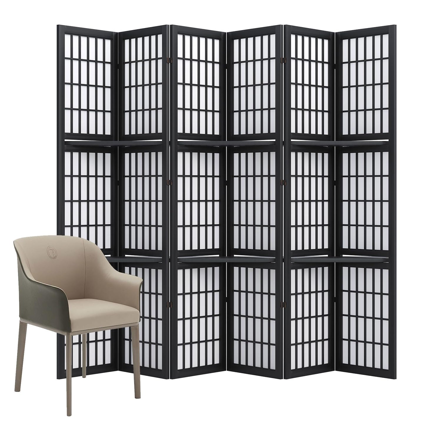 Room Divider with Shelves, 66.9-Inch Tall Japanese Shoji Style Wood Screen with Double Hinges for Home Office Decoration (6 Panels, Black) Svimi