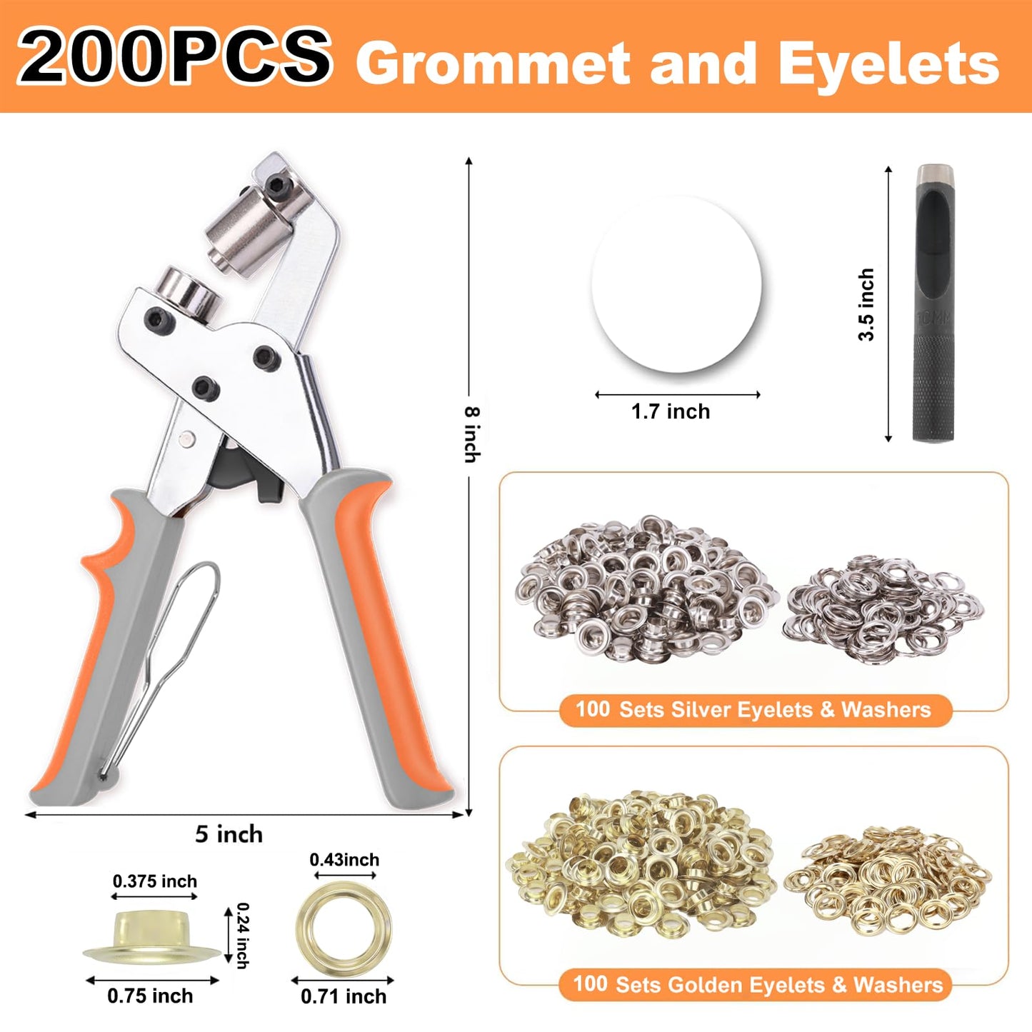 ZAPSIFOU Grommet Tool Kit with 200 Sets 3/8 Inch 10mm Grommets, Heavy Duty Grommet Kit, Grommets Pucher with Hole Punch and Eyelets, Eyelet Pliers Kit for Tarp, Fabric, Banner, Canvas, Leather ZAPSIFOU