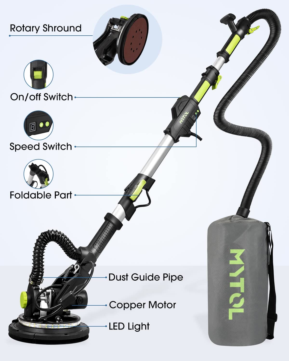 MYTOL Drywall Sander, 7.2A Electric Drywall Sander with Vacuum Dust Collection, 6 Variable Speed 900-1800RPM, LED Light, Foldable & Extendable Handle, 9 Pcs Sanding discs&3 Pcs Grid Sandpaper MYTOL