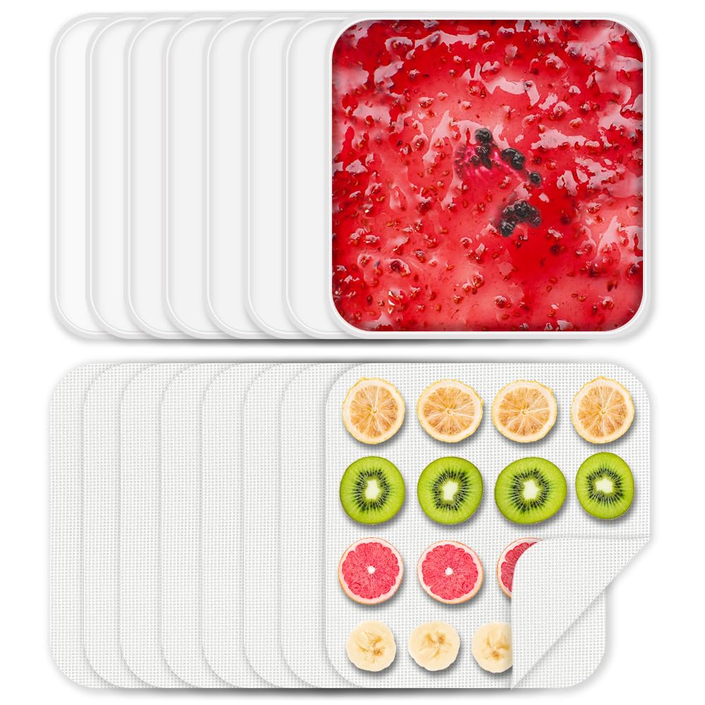 8 Pcs Silicone Food Dehydrator-Trays with Edge, 8 Pcs Mesh Dryer Mats,Reusable Non Stick Silicone Dehydrator Sheets (11x 11in) for Liquids,Fruit Leather,Herbs,Meat and Yogurt Cercker