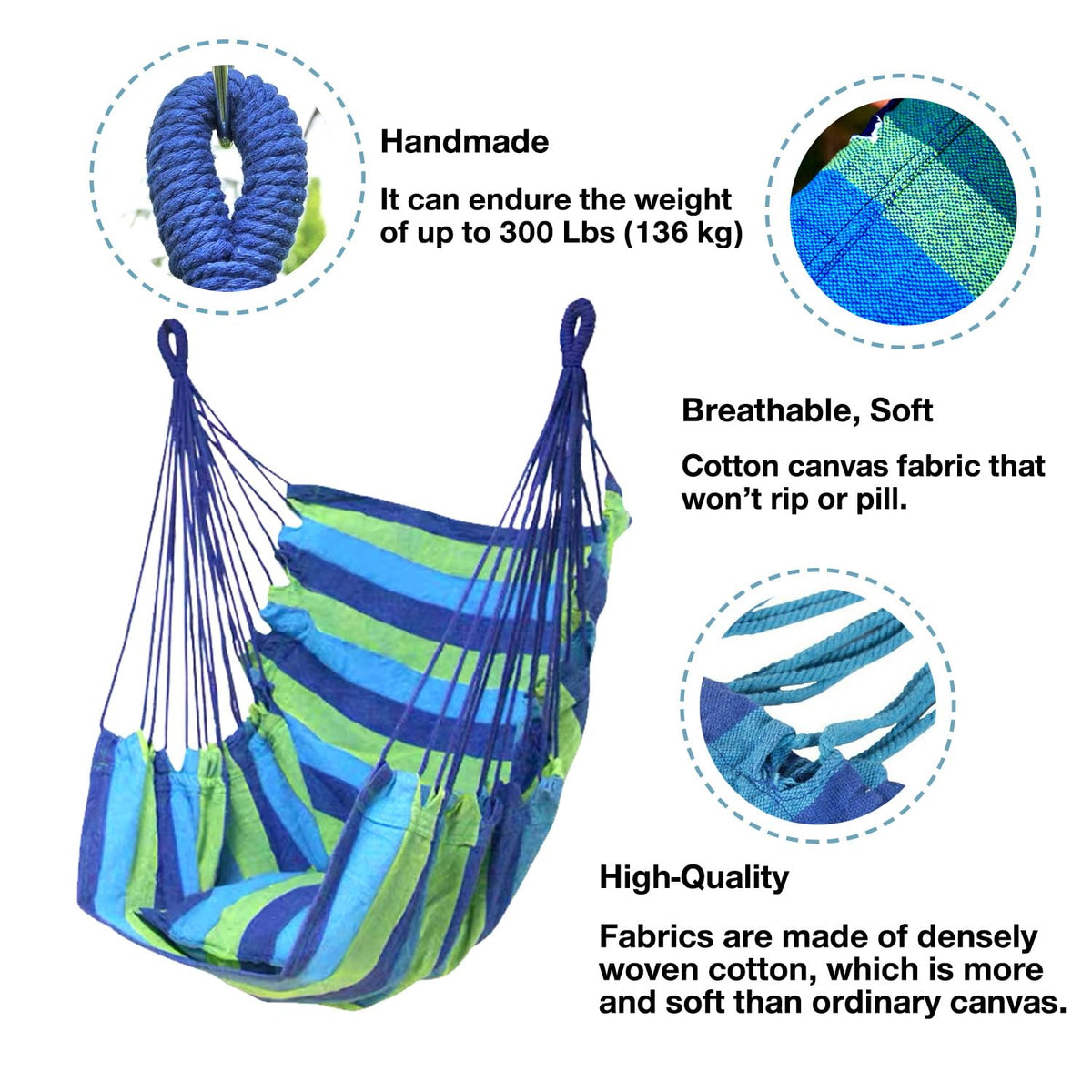 Hommtina Hammock Chair Hanging Rope Swing, Max 300 Lbs Hanging Chair with Pocket & Durability Perfect for Outdoor, Home, Bedroom, Patio, Yard (Pillows NOT Included,Green) Hommtina
