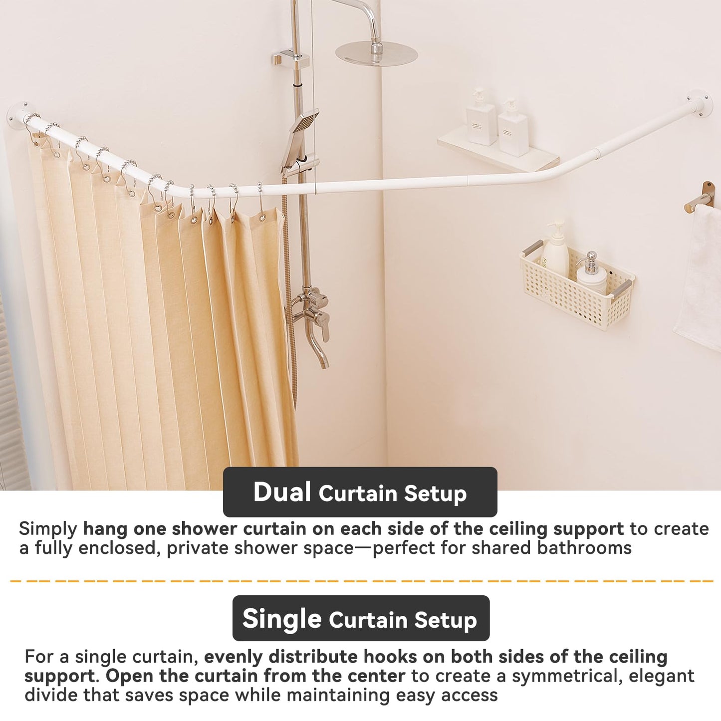 Mirooyu Corner Shower Curtain Rod, Diamond Shaped [Both Sides: 22"-34.8", Middle: 28"/43.7"/12.2"] Heavy Duty NEO Angle Shower Curtain Pole for Bathroom Bathtub with 12 Hooks & Ceiling Support - White Mirooyu