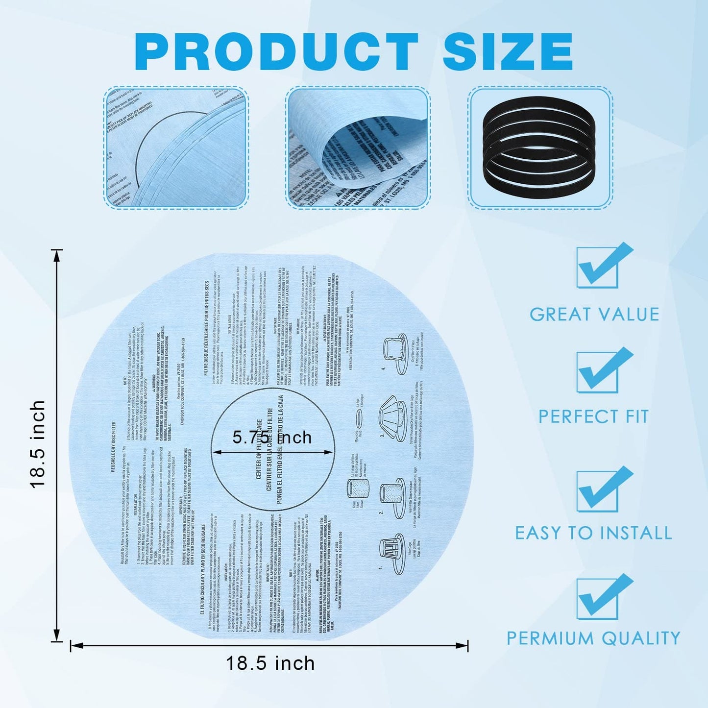 Tegeme 10 Pieces Wet Dry Vac Filter Vf2002 Dry Disc Vacuum Filters Compatible with Shop-vac Wet Dry Vacuum Cleaners with 5 Gallon and Larger, with 4 Pieces Retaining Bands, Reusable Tegeme
